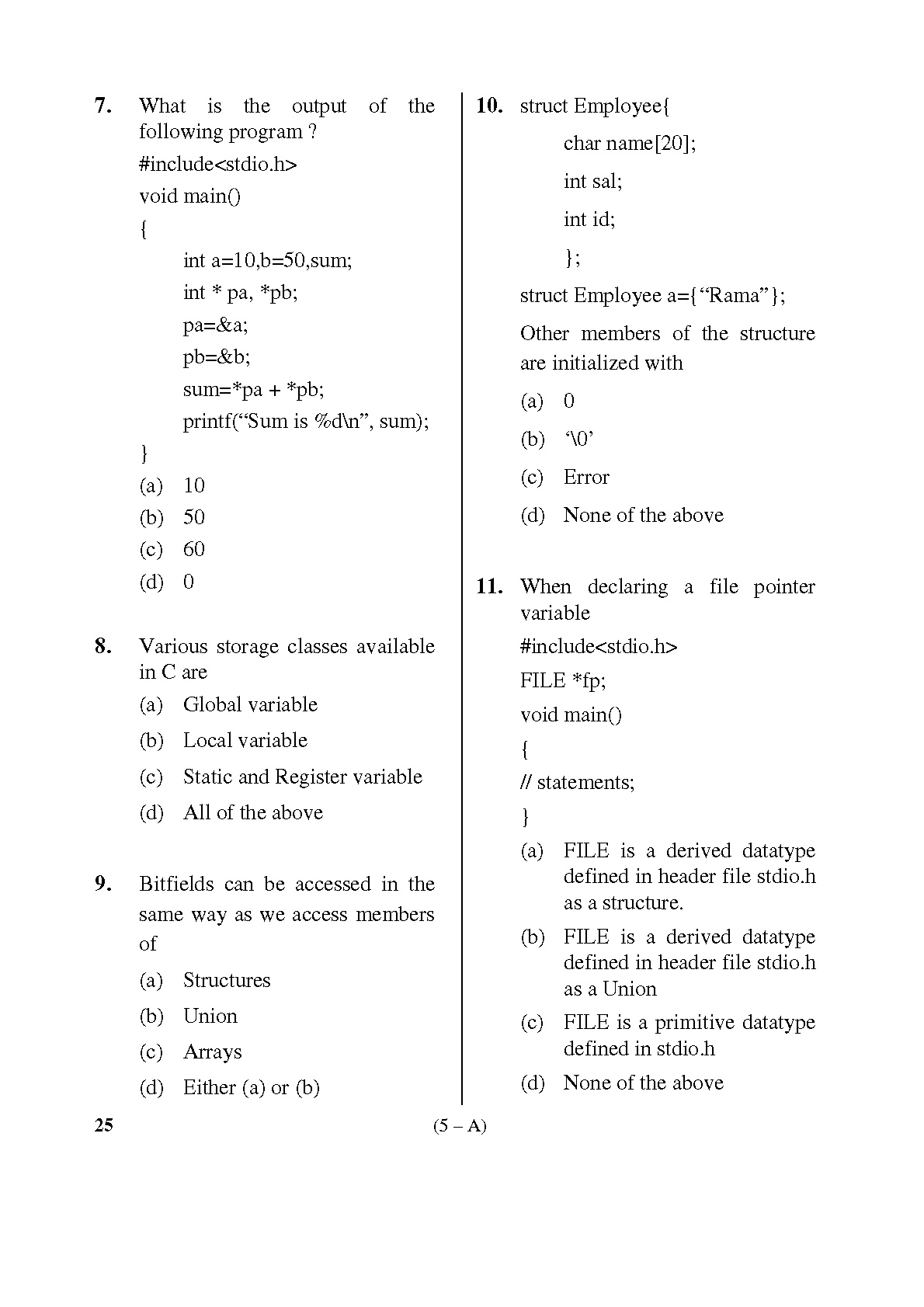 Karnataka PSC Computer Science Teachers Exam Sample Question Paper Subject code 25 5