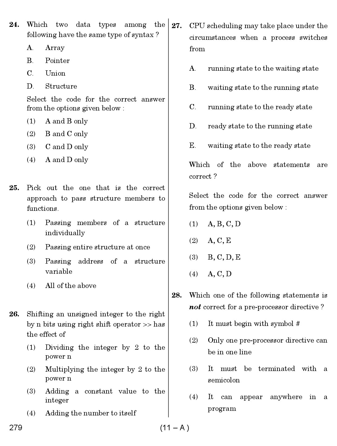 Karnataka PSC Computer Science Teachers Exam Sample Question Paper Subject code 279 11