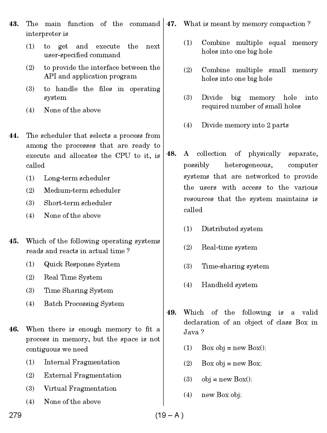 Karnataka PSC Computer Science Teachers Exam Sample Question Paper Subject code 279 19
