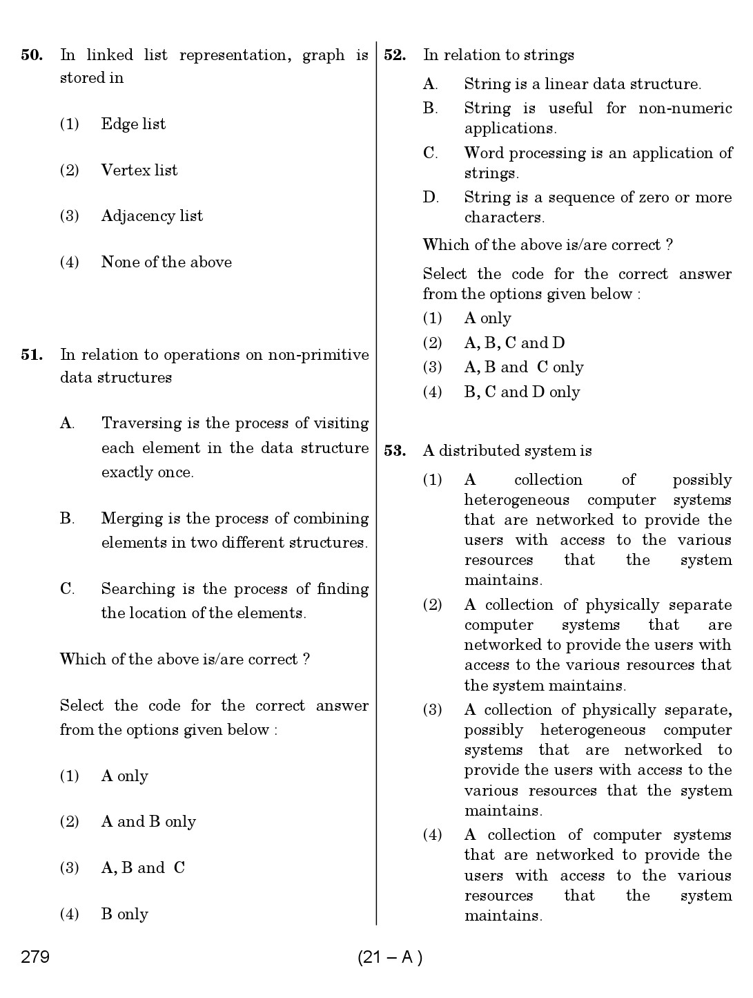 Karnataka PSC Computer Science Teachers Exam Sample Question Paper Subject code 279 21