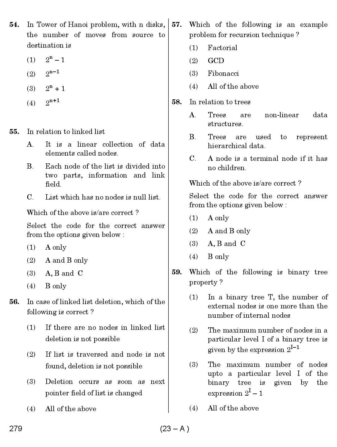Karnataka PSC Computer Science Teachers Exam Sample Question Paper Subject code 279 23