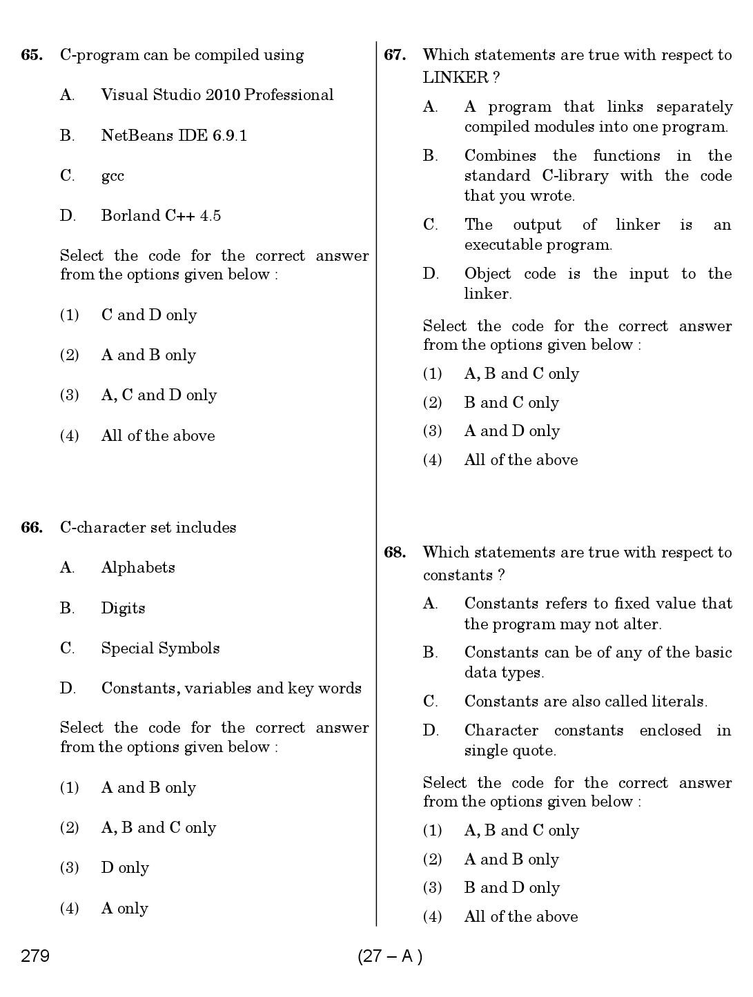 Karnataka PSC Computer Science Teachers Exam Sample Question Paper Subject code 279 27