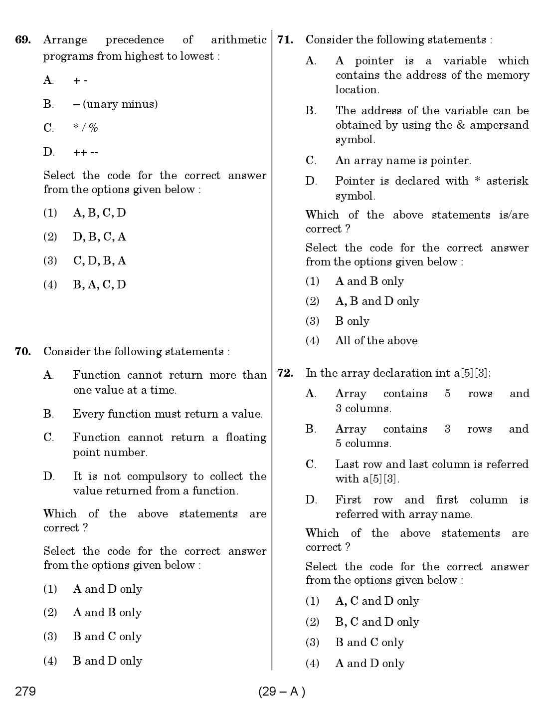 Karnataka PSC Computer Science Teachers Exam Sample Question Paper Subject code 279 29