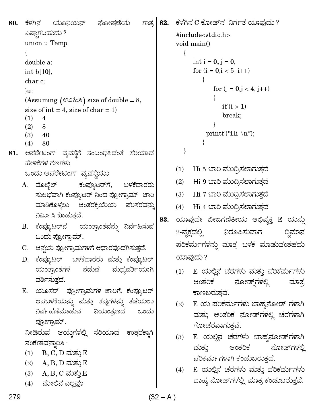 Karnataka PSC Computer Science Teachers Exam Sample Question Paper Subject code 279 32