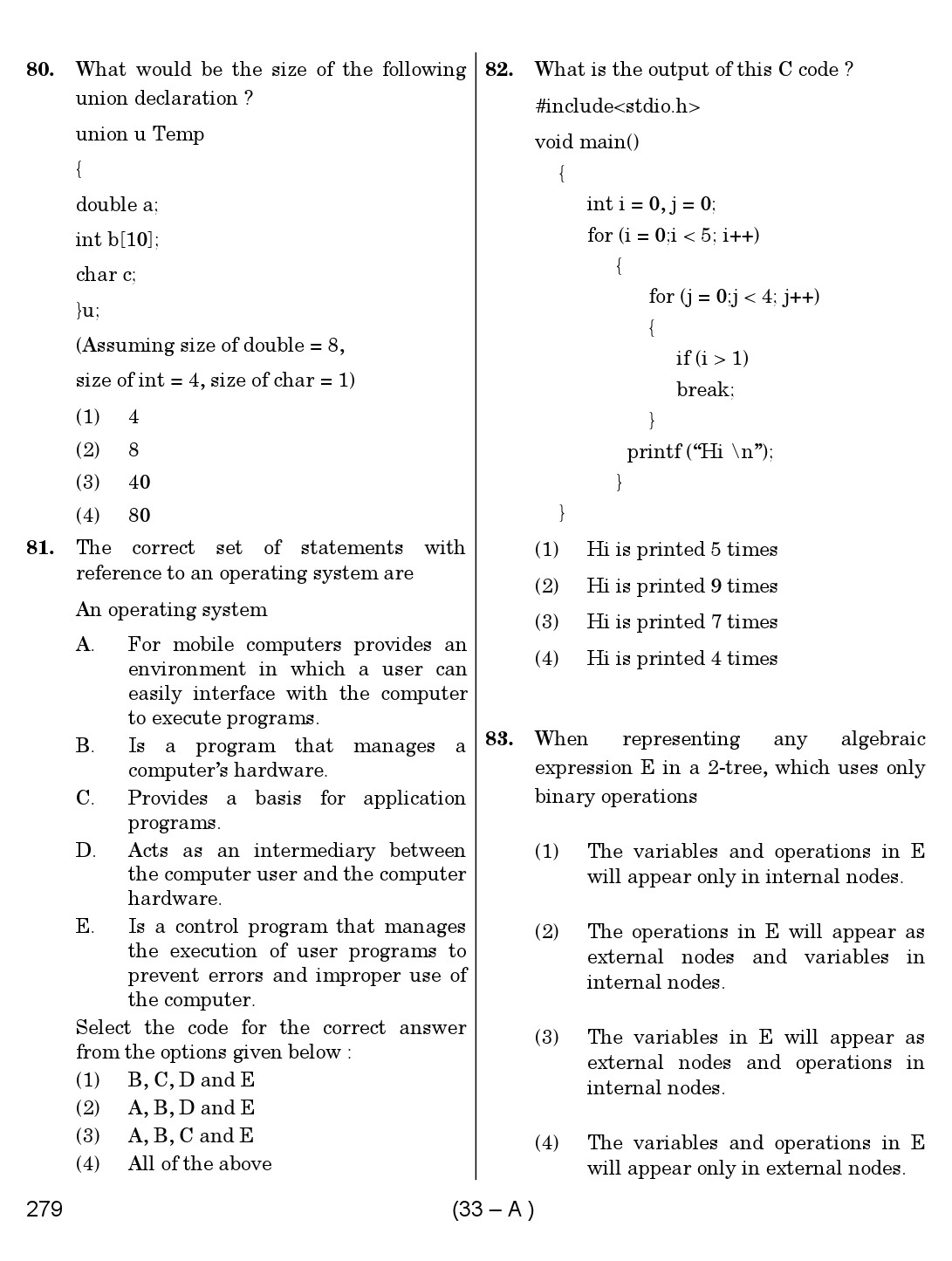 Karnataka PSC Computer Science Teachers Exam Sample Question Paper Subject code 279 33