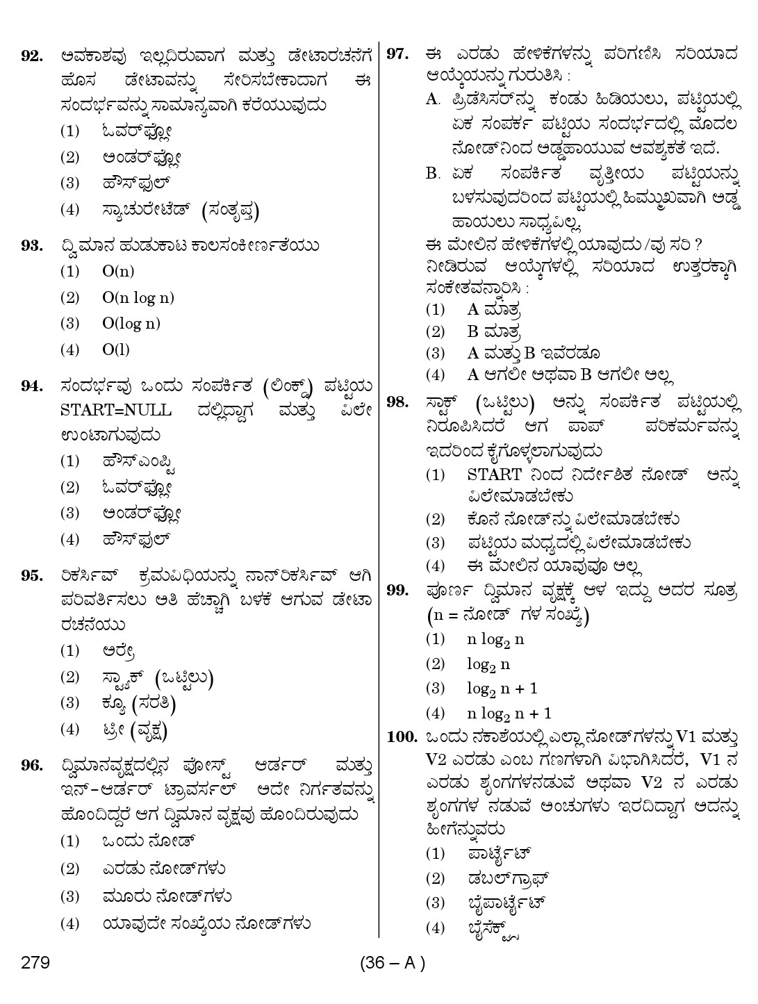 Karnataka PSC Computer Science Teachers Exam Sample Question Paper Subject code 279 36