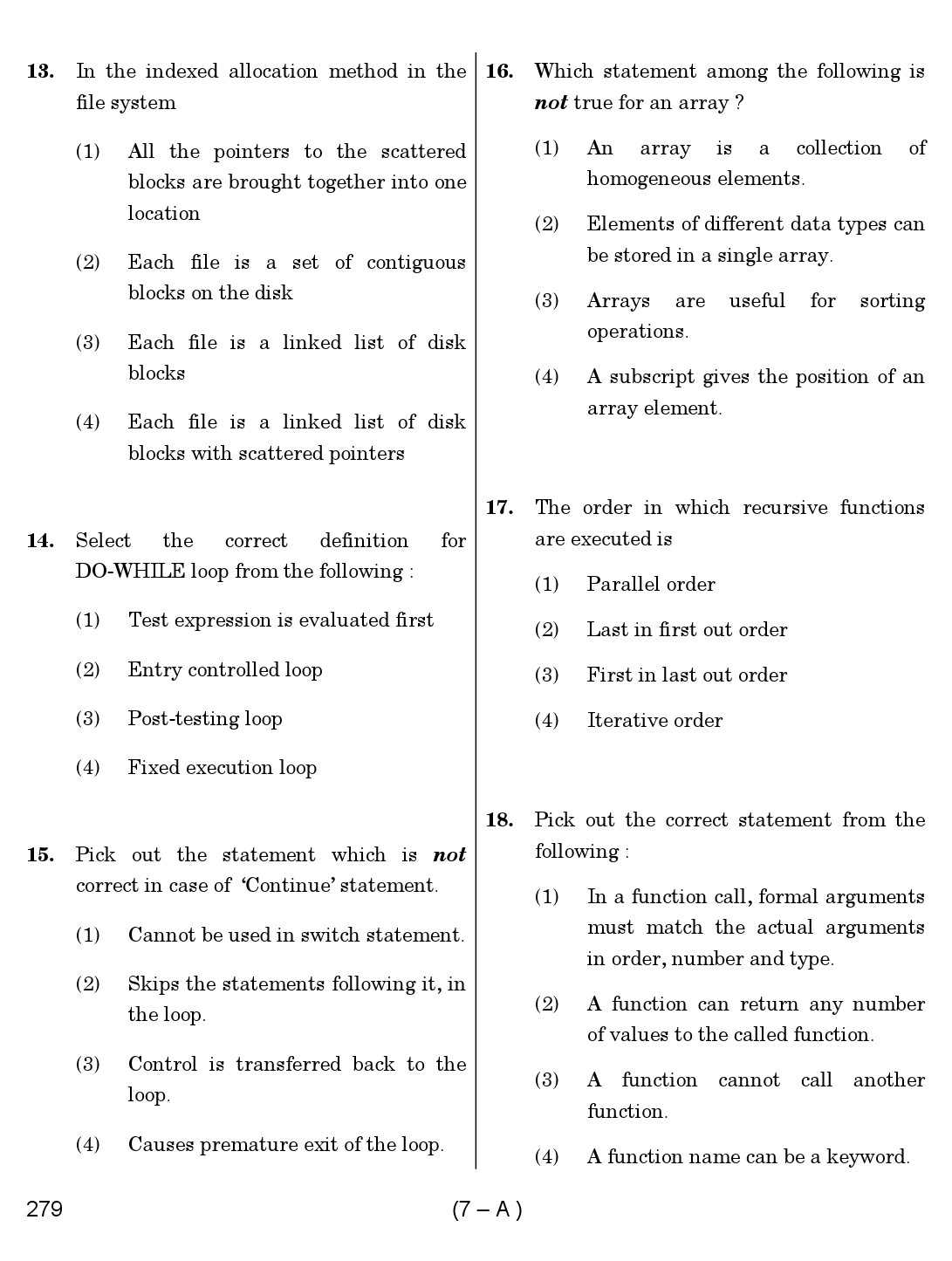 Karnataka PSC Computer Science Teachers Exam Sample Question Paper Subject code 279 7