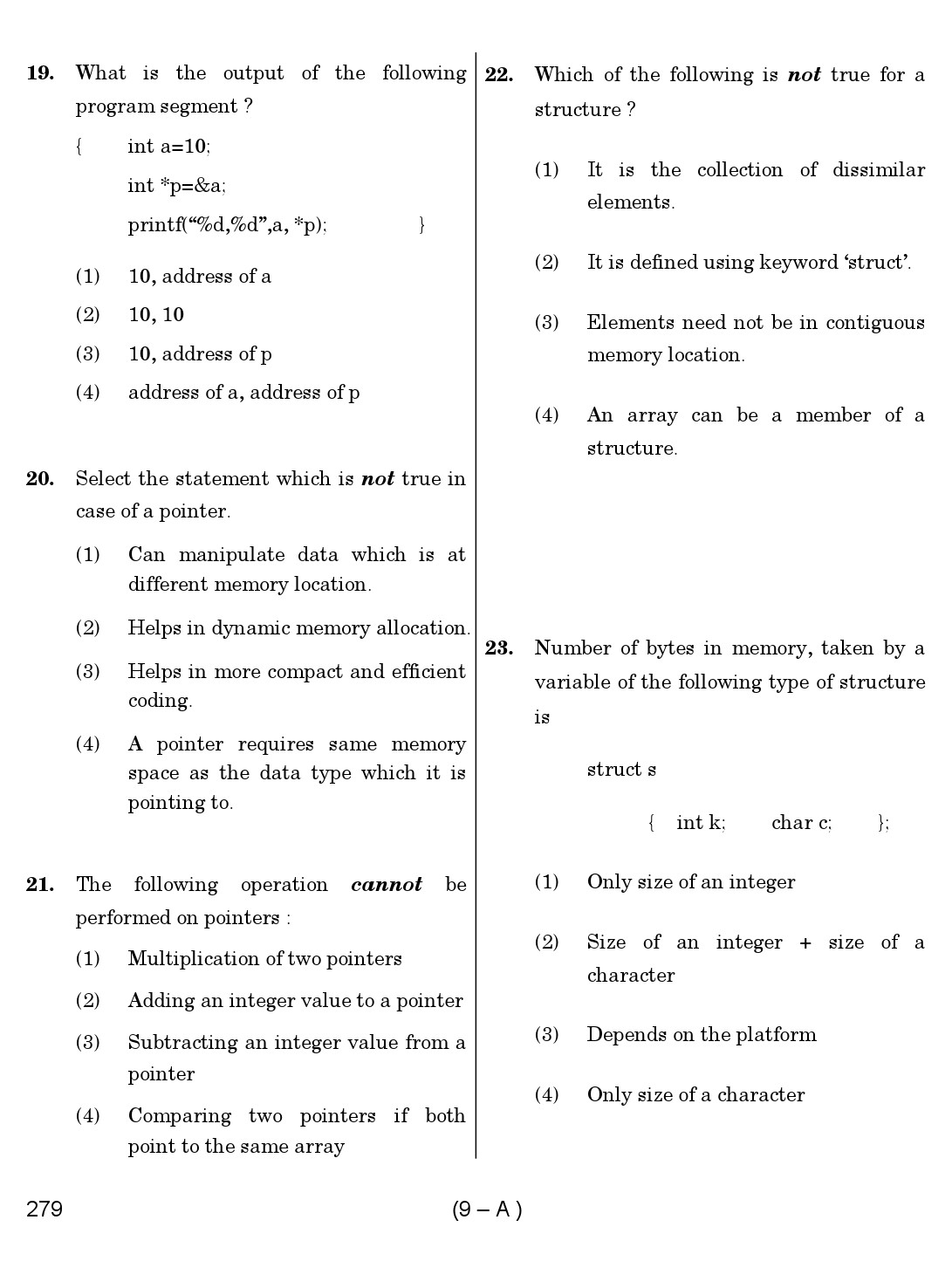 Karnataka PSC Computer Science Teachers Exam Sample Question Paper Subject code 279 9