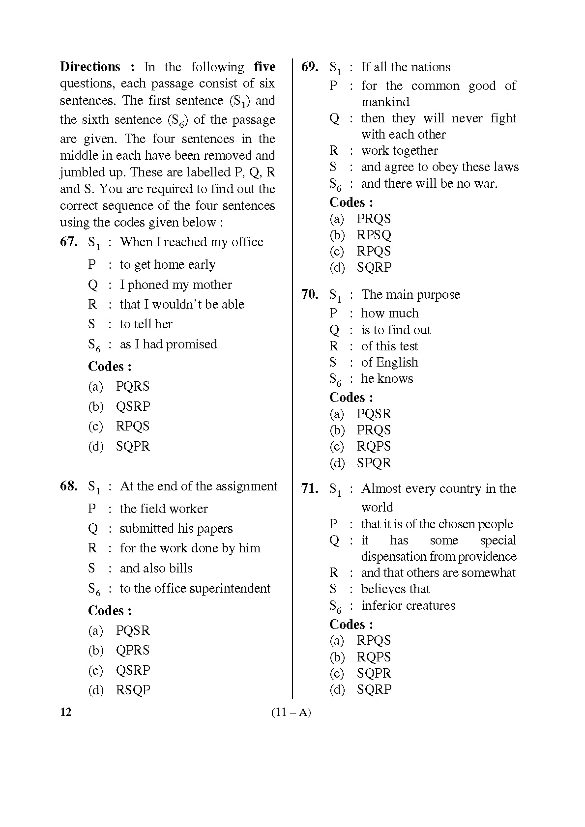 Karnataka PSC English Teachers Exam Sample Question Paper Subject code 12 11
