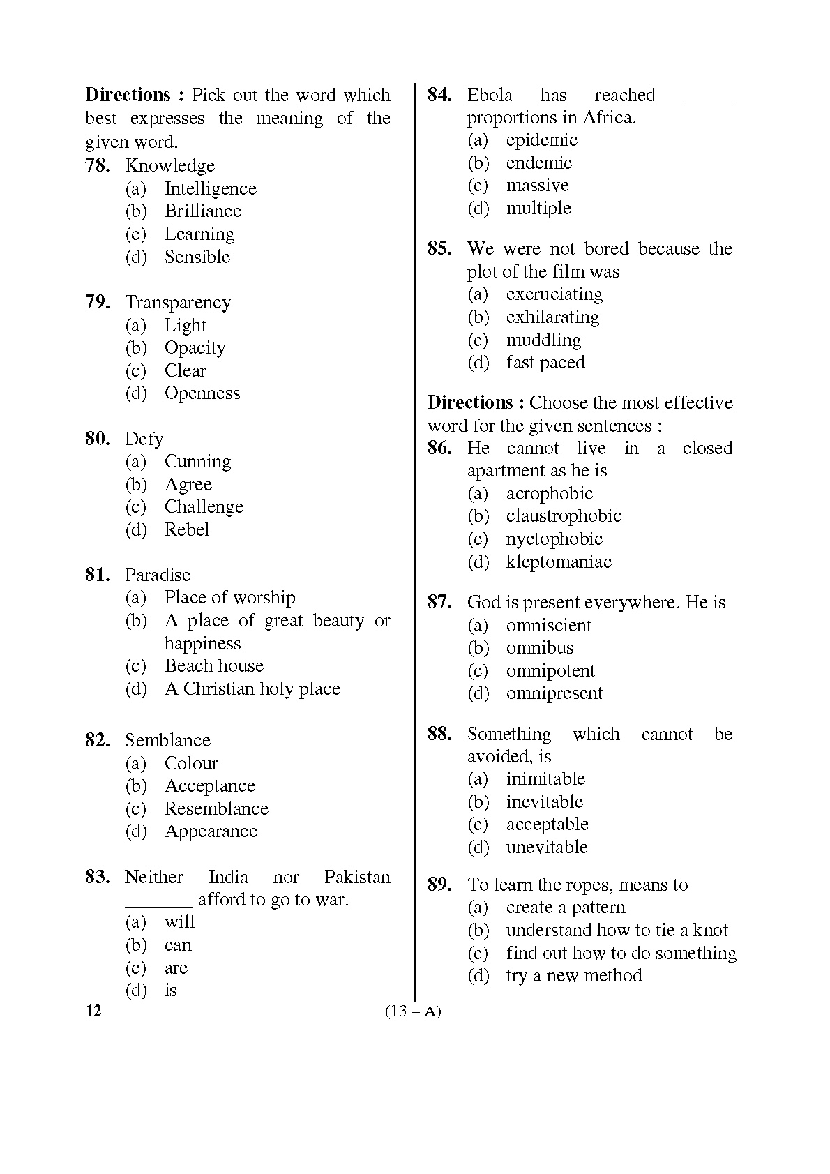 Karnataka PSC English Teachers Exam Sample Question Paper Subject code 12 13