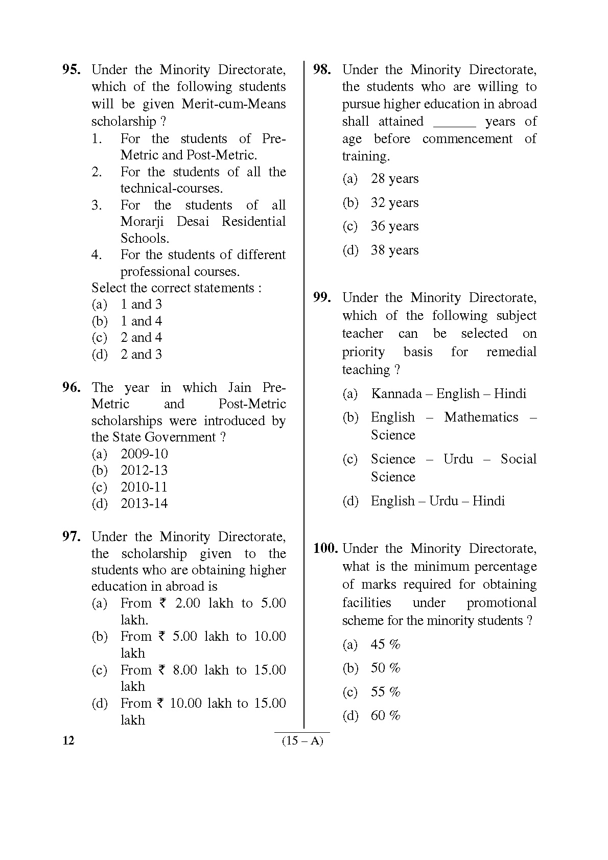 Karnataka PSC English Teachers Exam Sample Question Paper Subject code 12 15