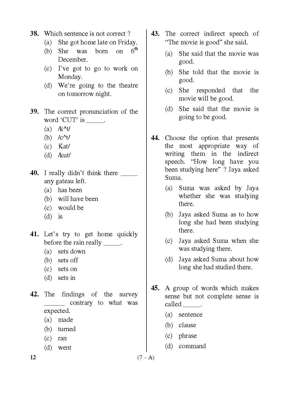 Karnataka PSC English Teachers Exam Sample Question Paper Subject code 12 7