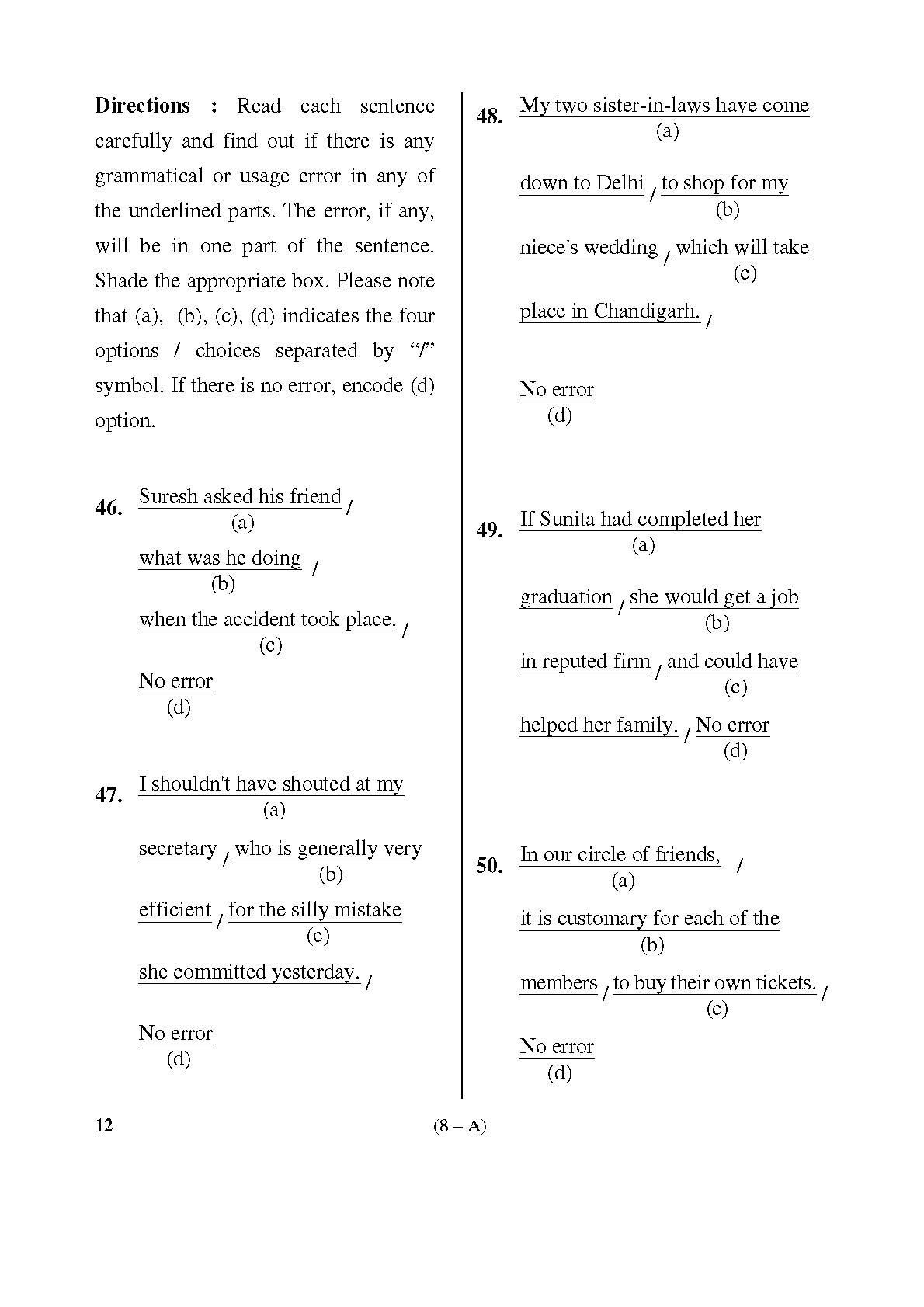Karnataka PSC English Teachers Exam Sample Question Paper Subject code 12 8