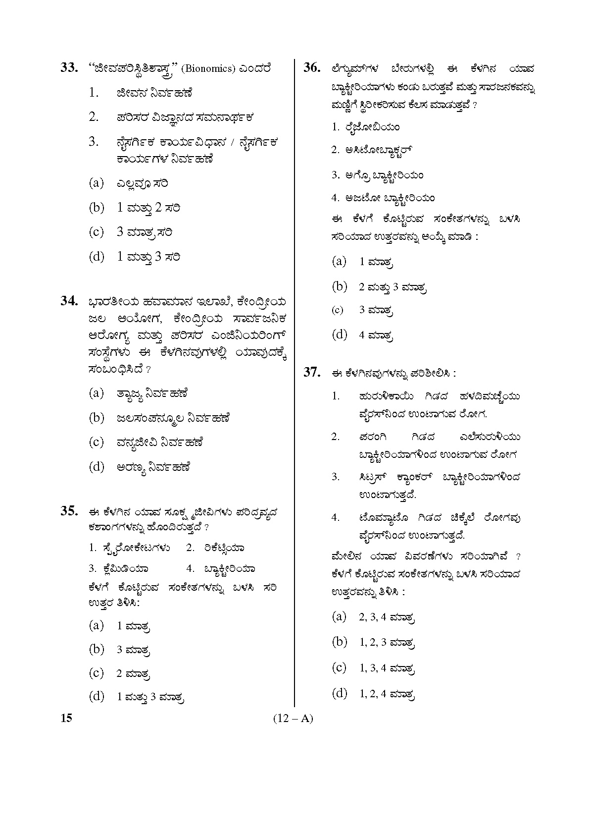 Karnataka PSC General Science Teachers Exam Sample Question Paper Subject code 15 12