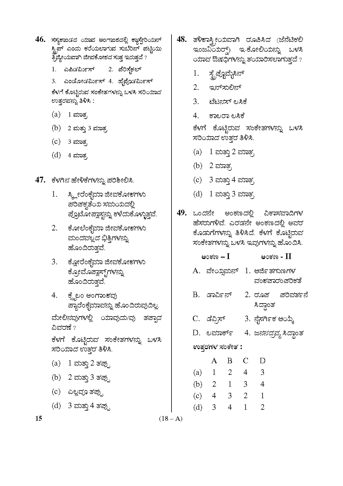 Karnataka PSC General Science Teachers Exam Sample Question Paper Subject code 15 18