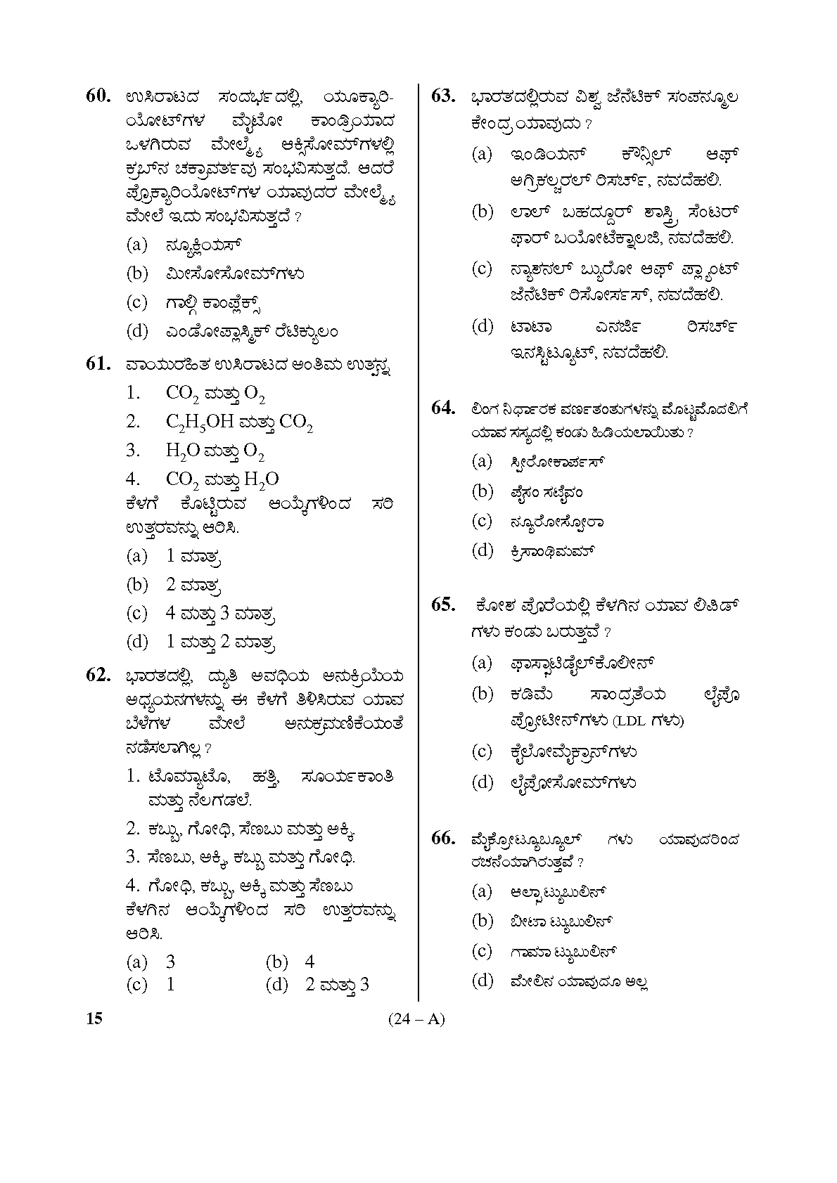 Karnataka PSC General Science Teachers Exam Sample Question Paper Subject code 15 24