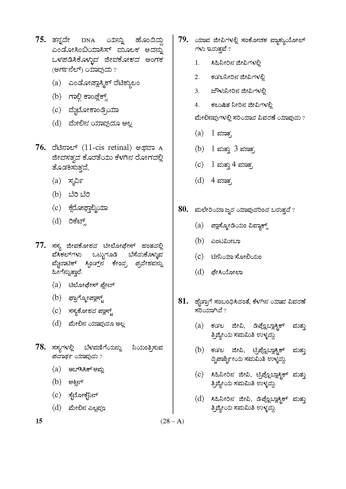 Karnataka PSC General Science Teachers Exam Sample Question Paper Subject code 15 28
