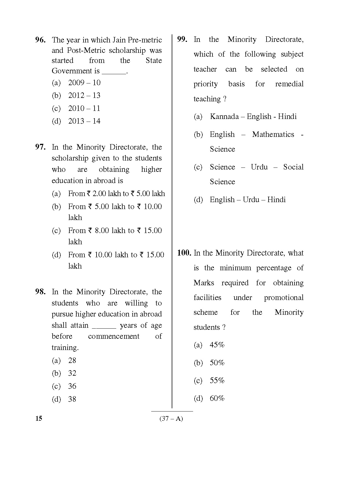 Karnataka PSC General Science Teachers Exam Sample Question Paper Subject code 15 37