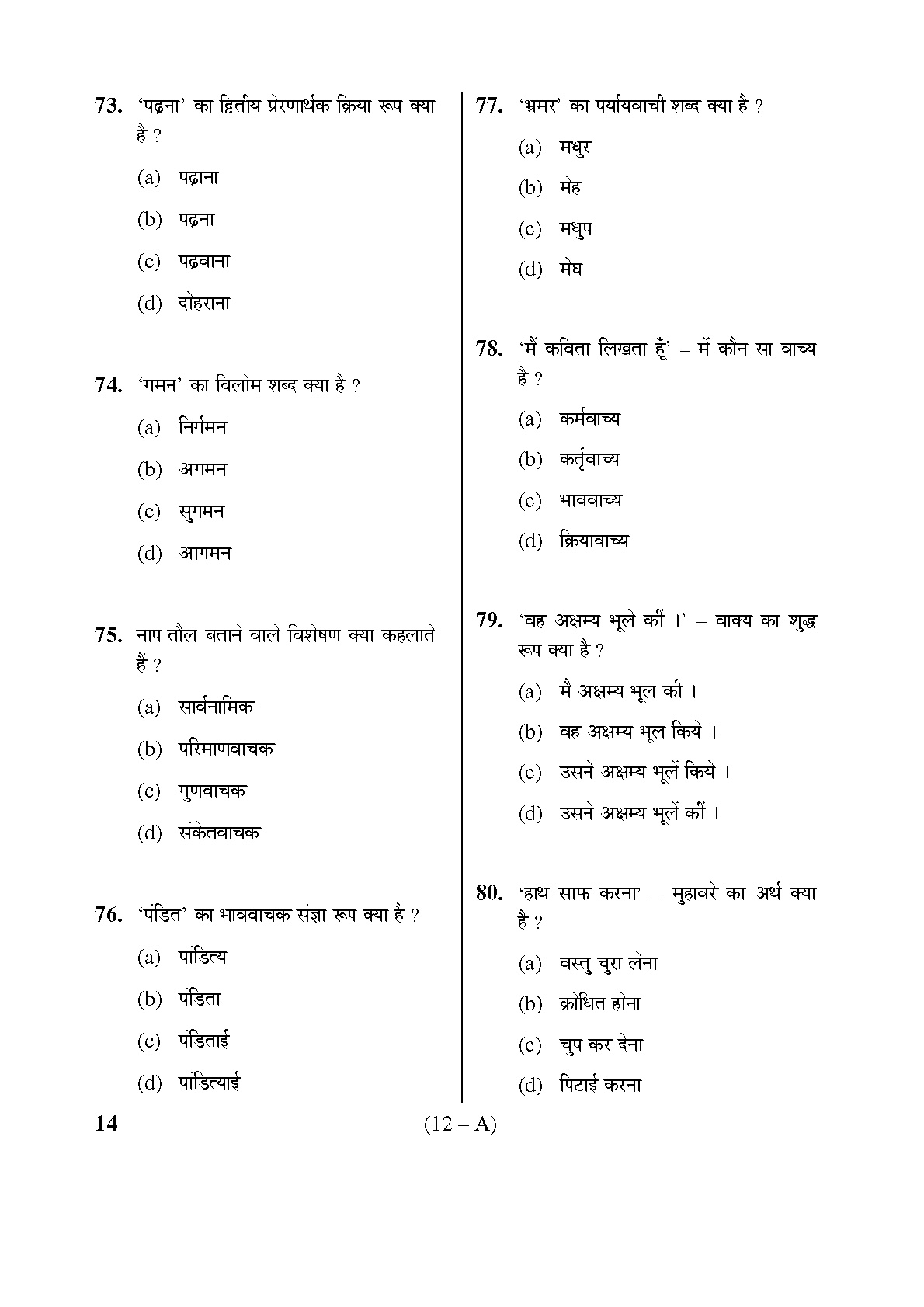 Karnataka PSC Hindi Teacher Exam Sample Question Paper Subject code 14 12