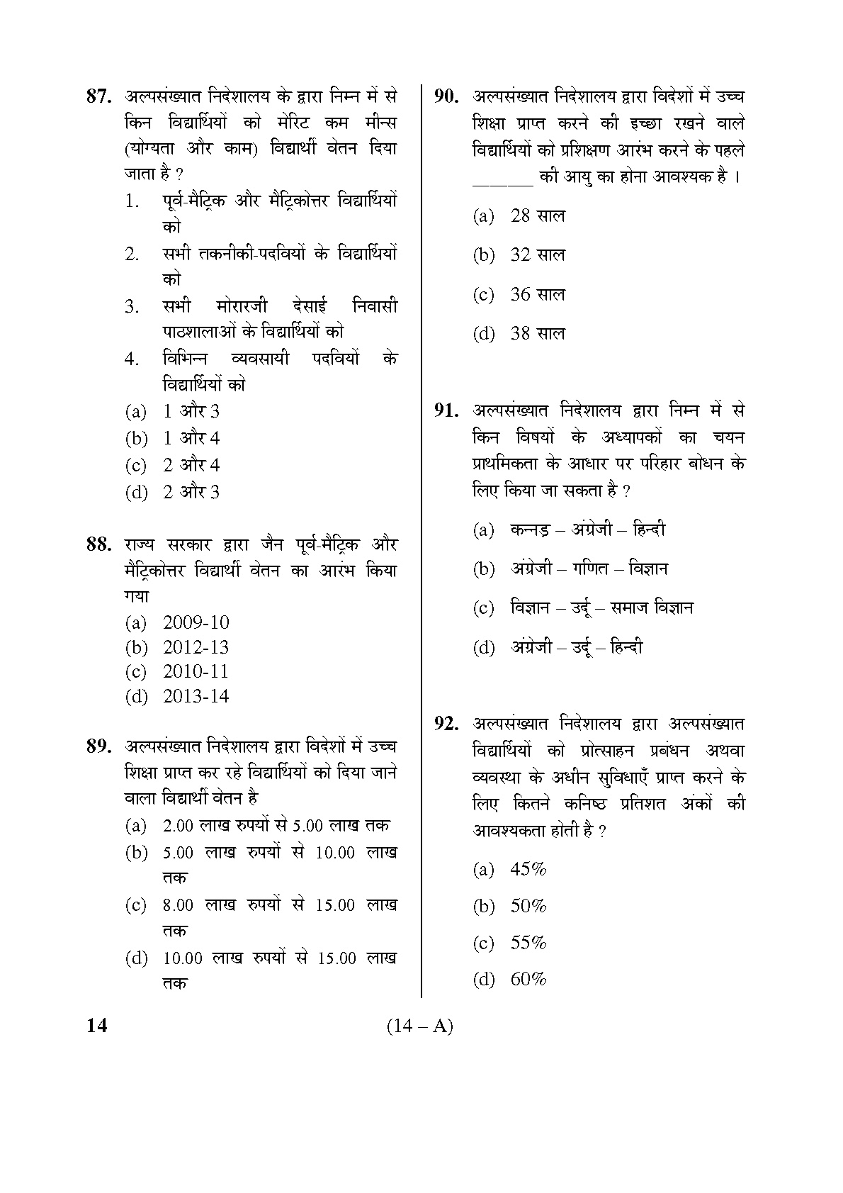 Karnataka PSC Hindi Teacher Exam Sample Question Paper Subject code 14 14