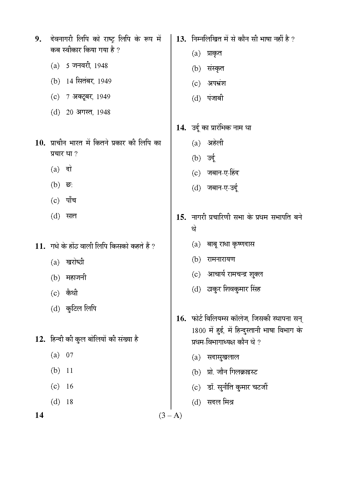 Karnataka PSC Hindi Teacher Exam Sample Question Paper Subject code 14 3