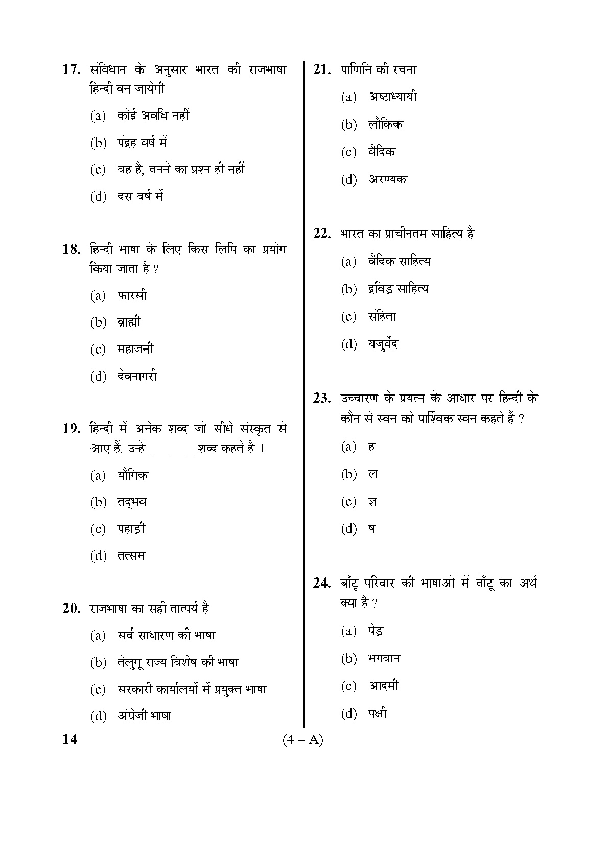 Karnataka PSC Hindi Teacher Exam Sample Question Paper Subject code 14 4