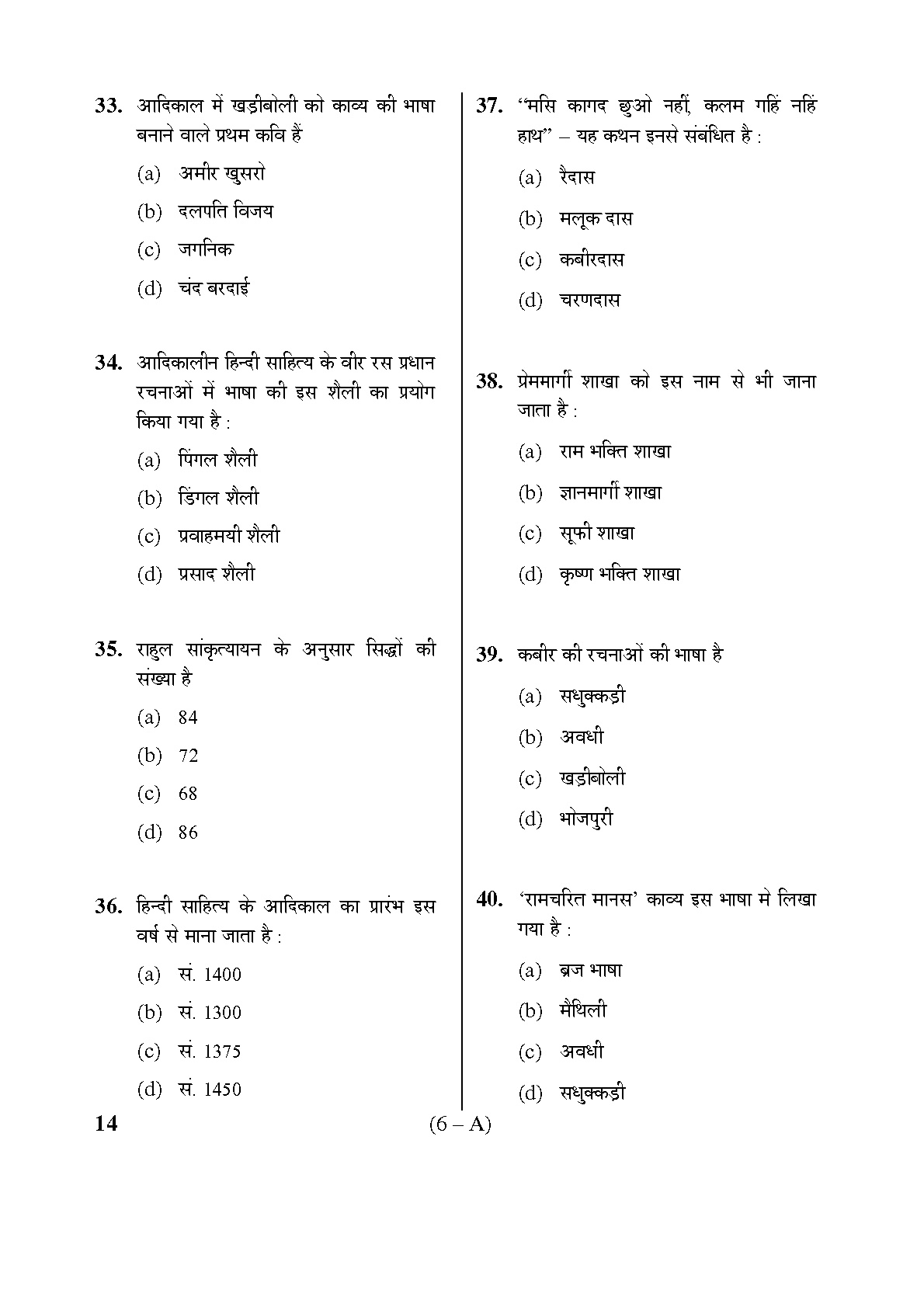 Karnataka PSC Hindi Teacher Exam Sample Question Paper Subject code 14 6