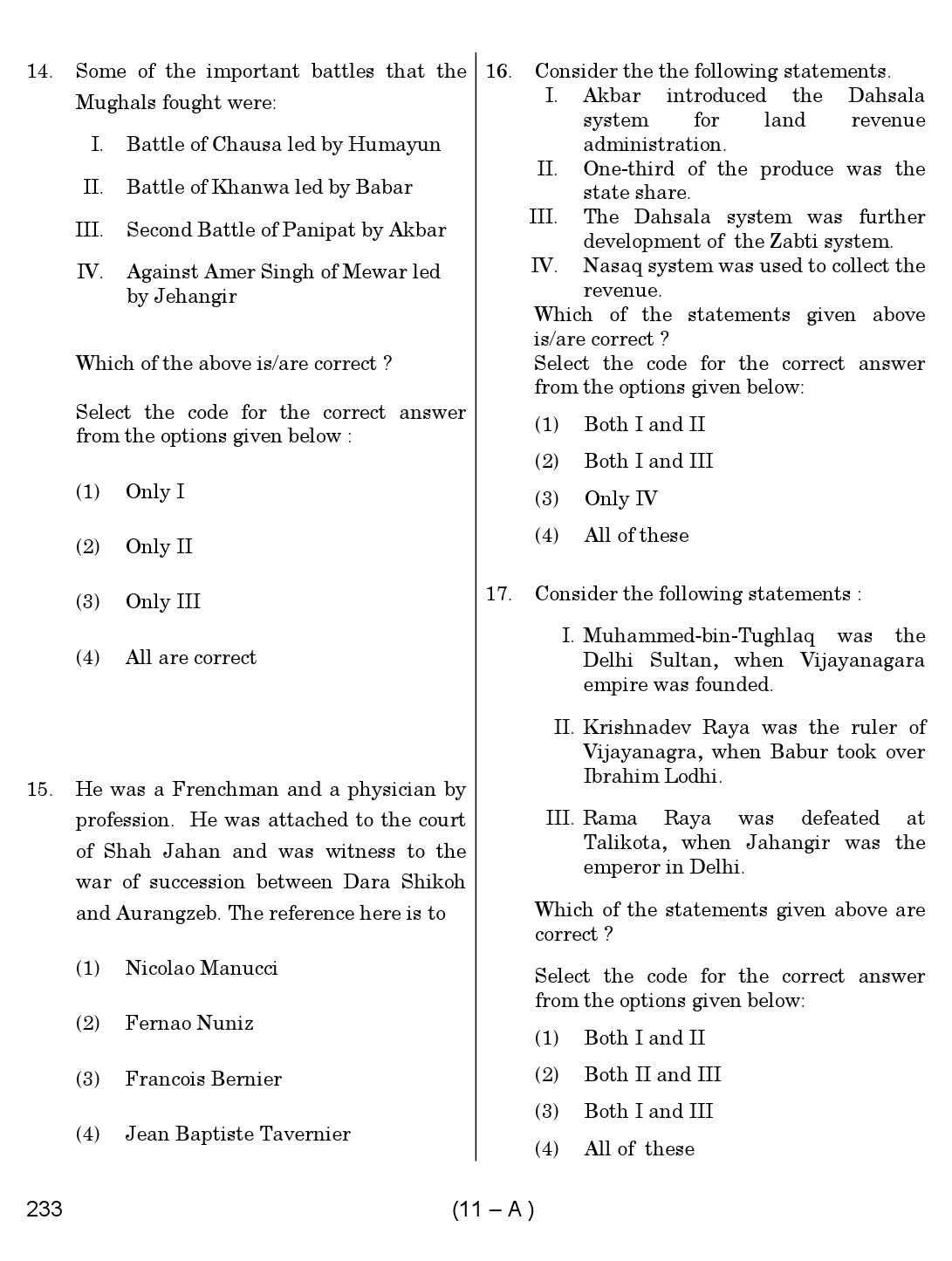 Karnataka PSC History Teacher Exam Sample Question Paper Subject code 233 11