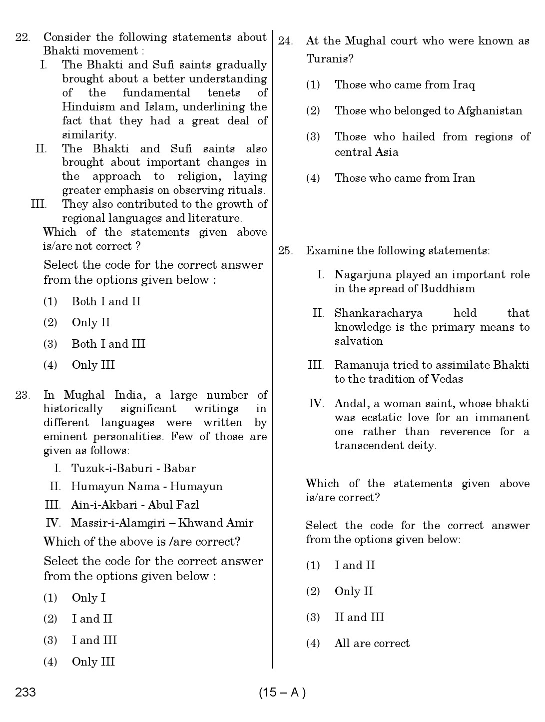 Karnataka PSC History Teacher Exam Sample Question Paper Subject code 233 15
