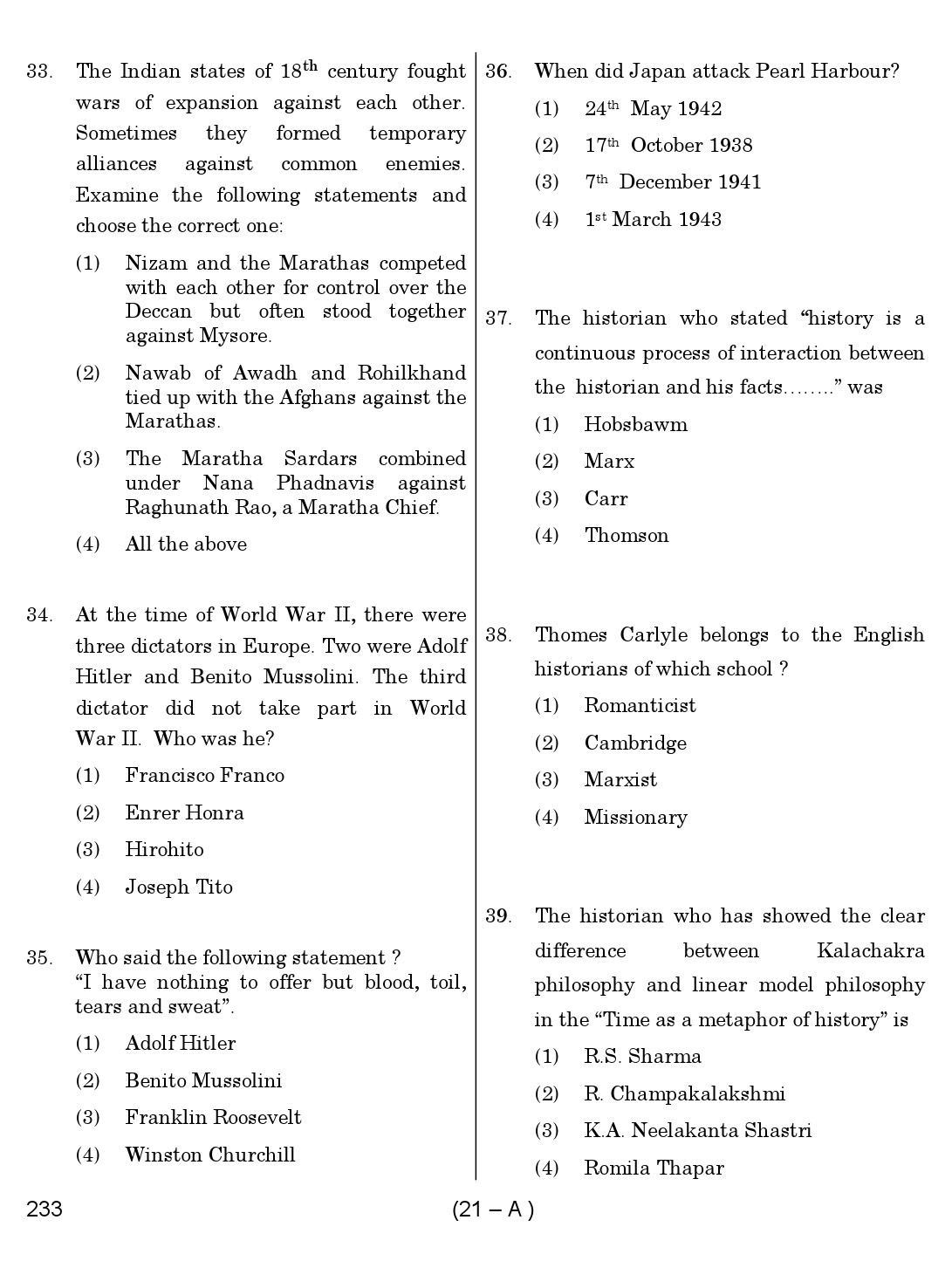 Karnataka PSC History Teacher Exam Sample Question Paper Subject code 233 21