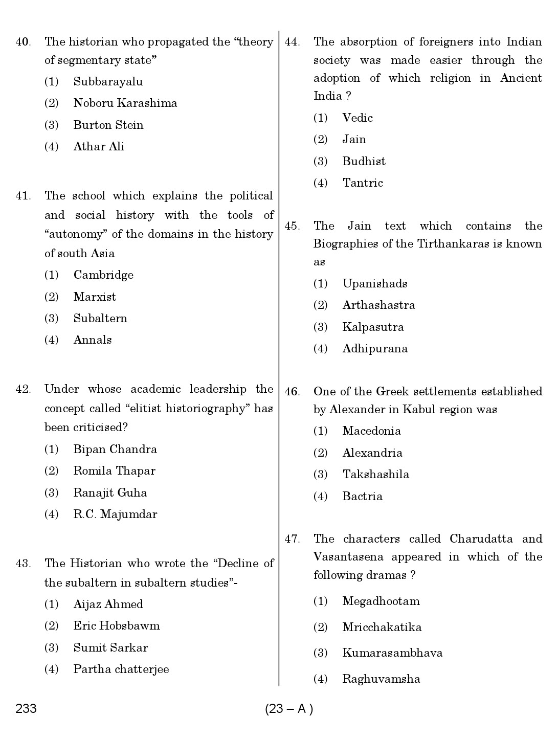Karnataka PSC History Teacher Exam Sample Question Paper Subject code 233 23