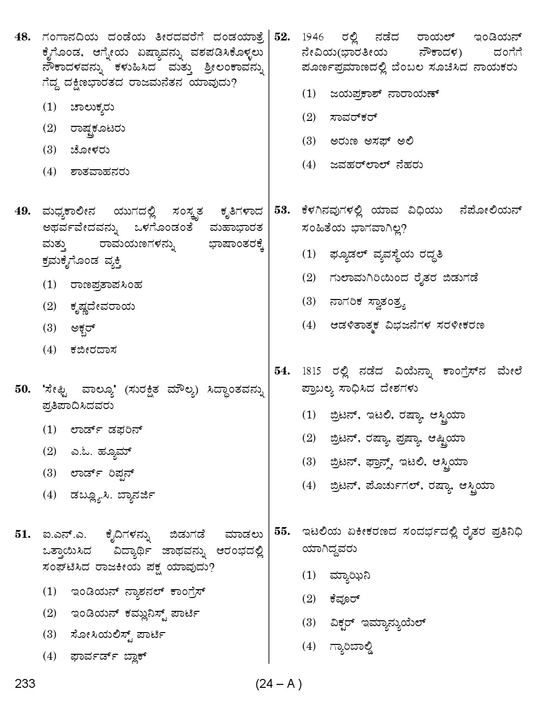 Karnataka PSC History Teacher Exam Sample Question Paper Subject code 233 24