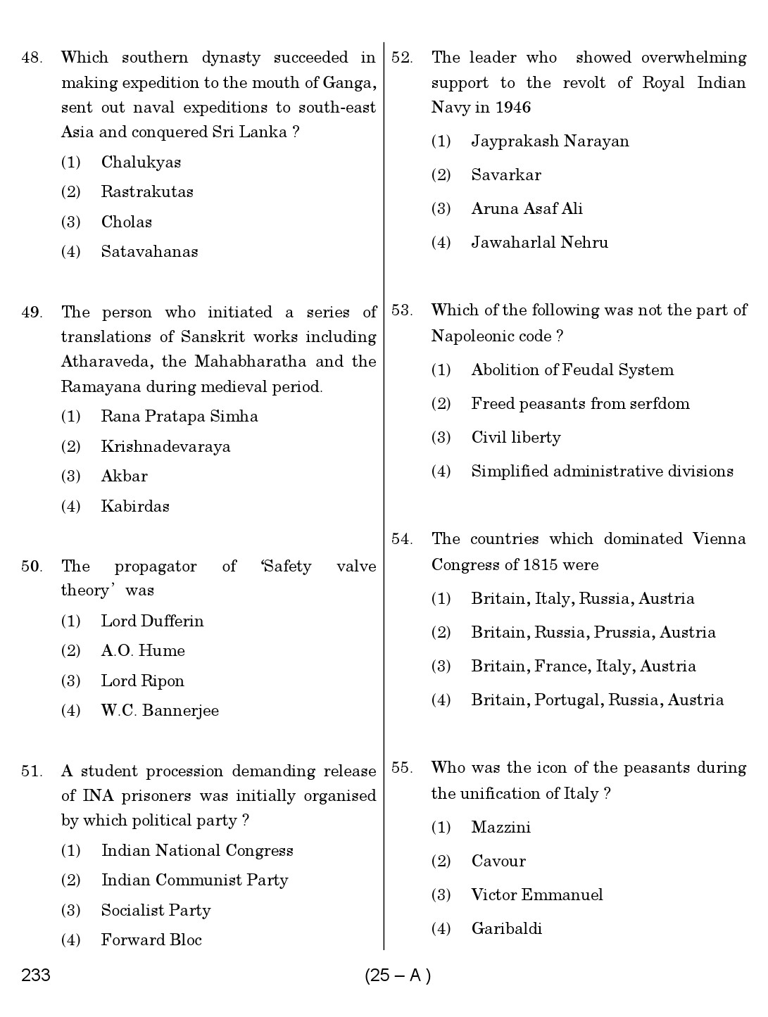 Karnataka PSC History Teacher Exam Sample Question Paper Subject code 233 25