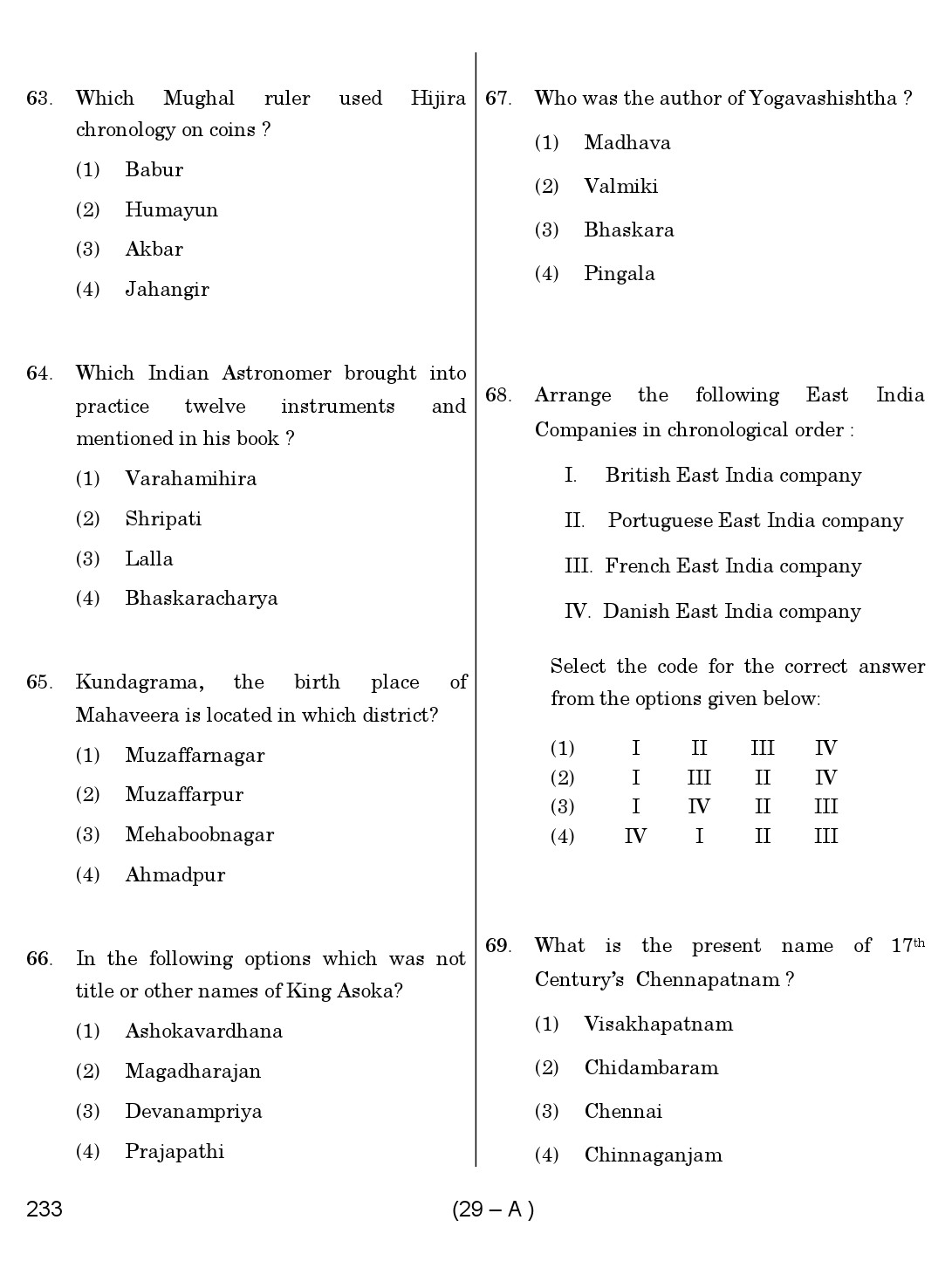 Karnataka PSC History Teacher Exam Sample Question Paper Subject code 233 29