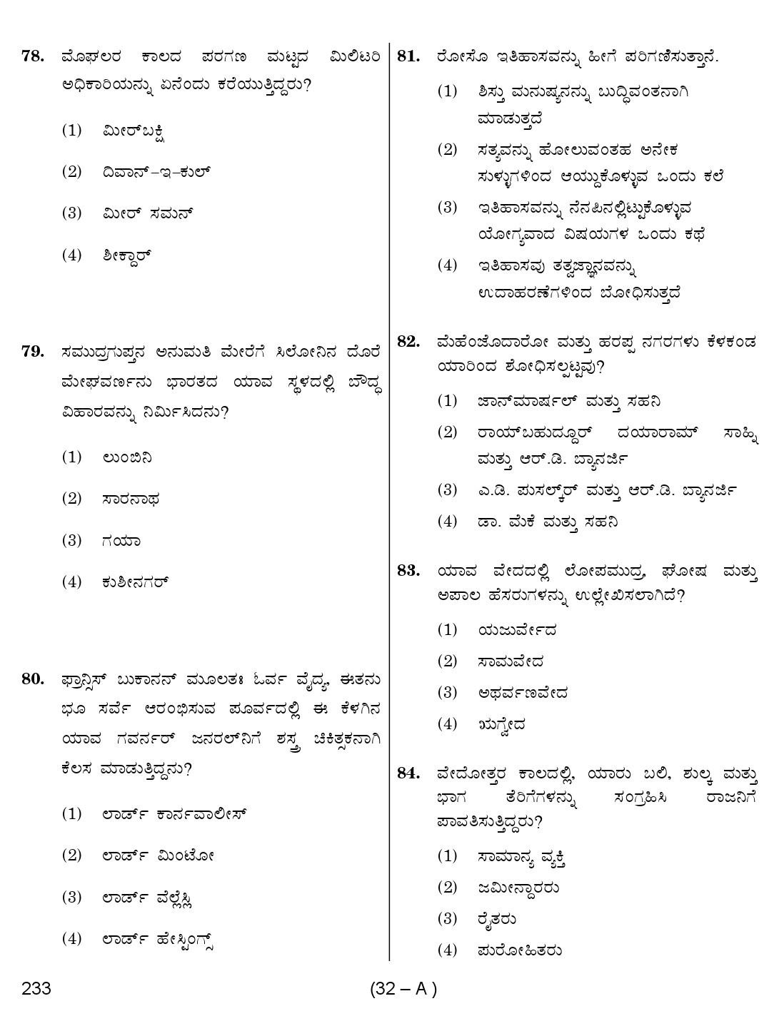 Karnataka PSC History Teacher Exam Sample Question Paper Subject code 233 32