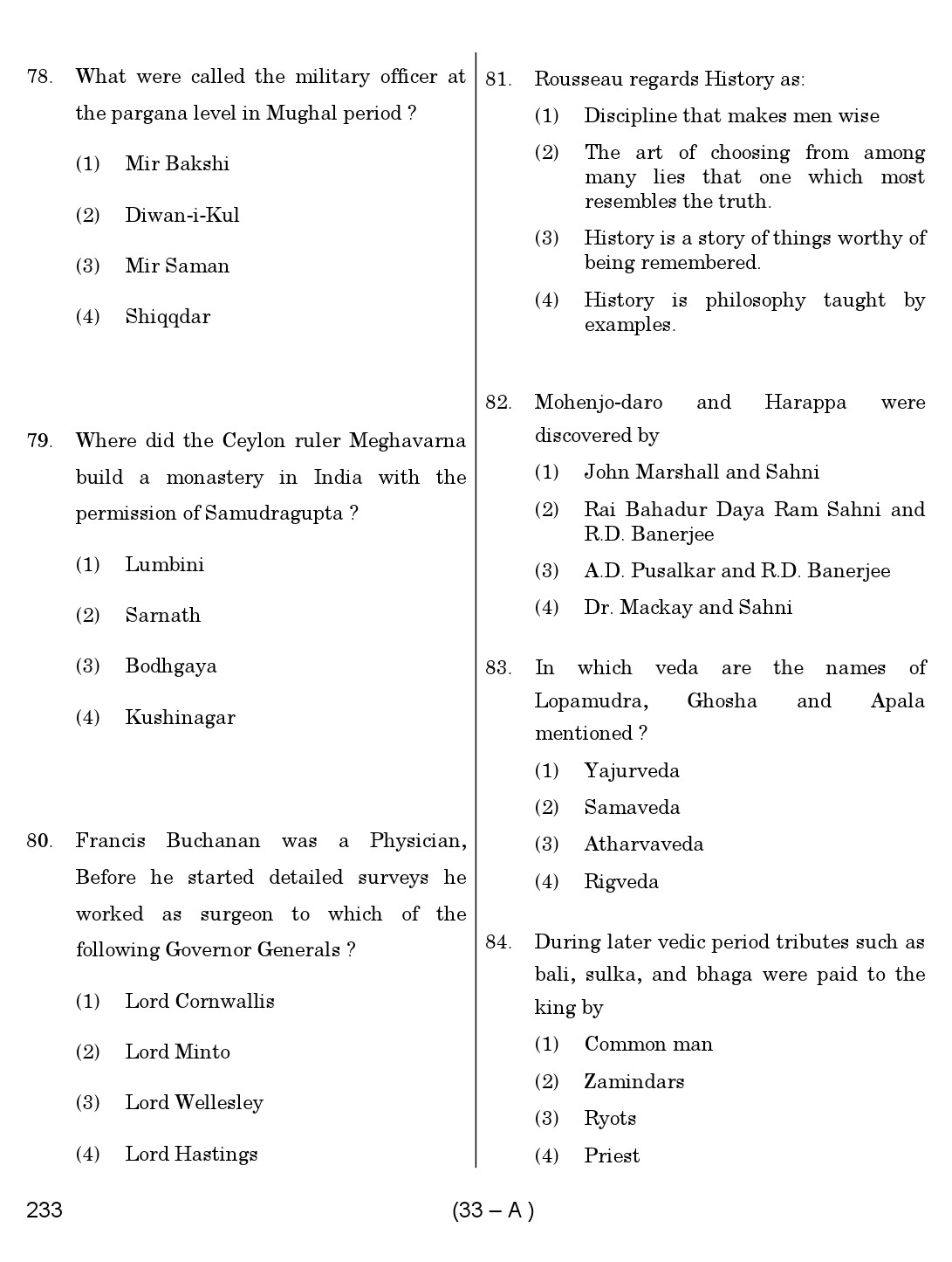 Karnataka PSC History Teacher Exam Sample Question Paper Subject code 233 33