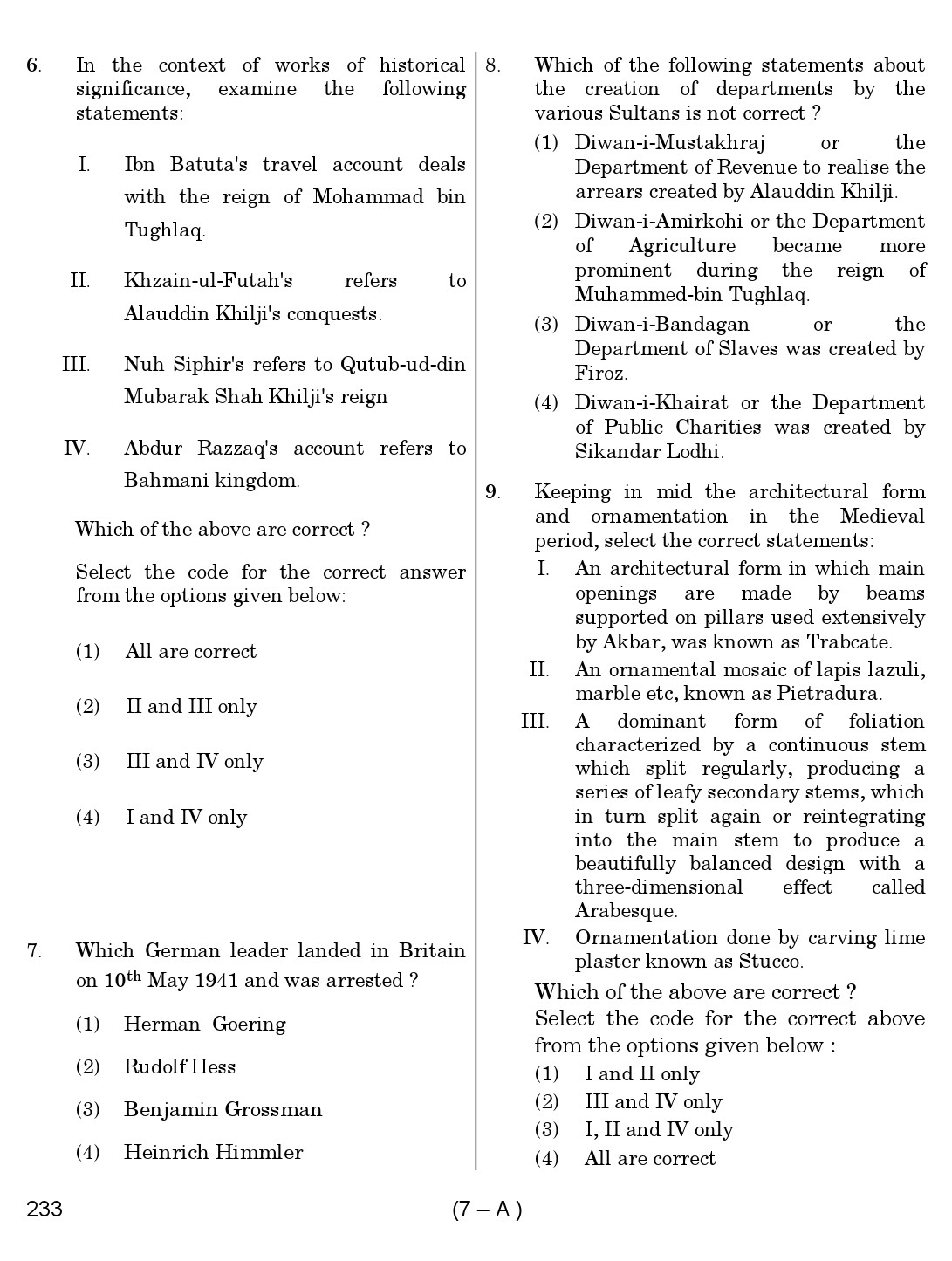 Karnataka PSC History Teacher Exam Sample Question Paper Subject code 233 7