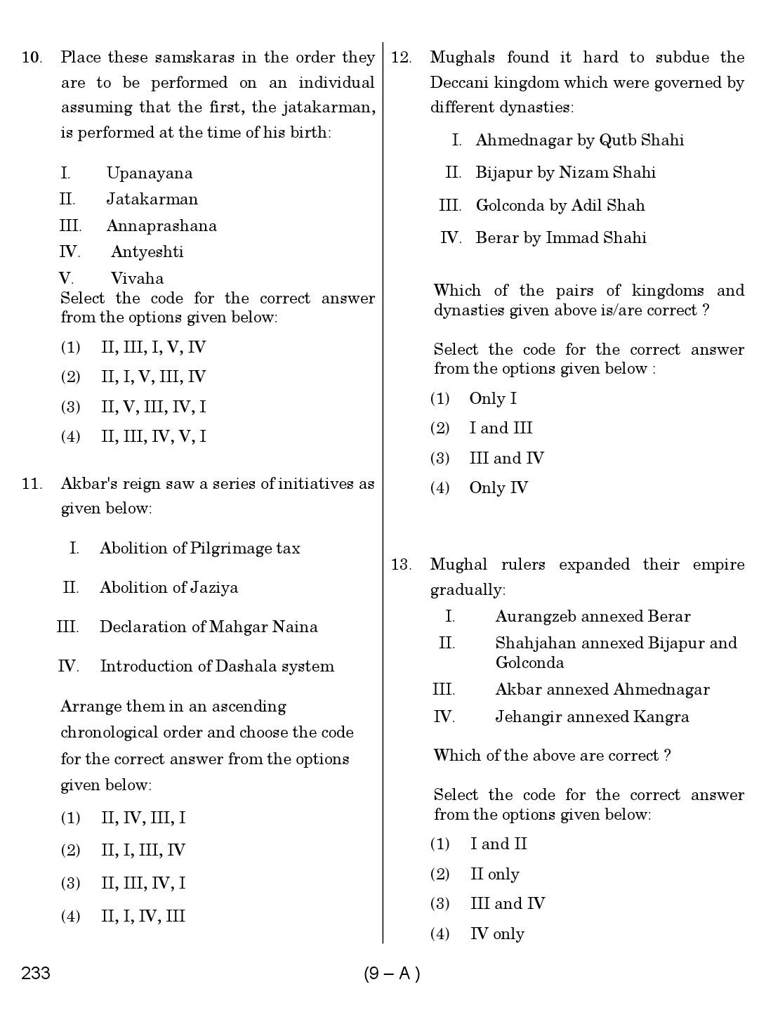 Karnataka PSC History Teacher Exam Sample Question Paper Subject code 233 9