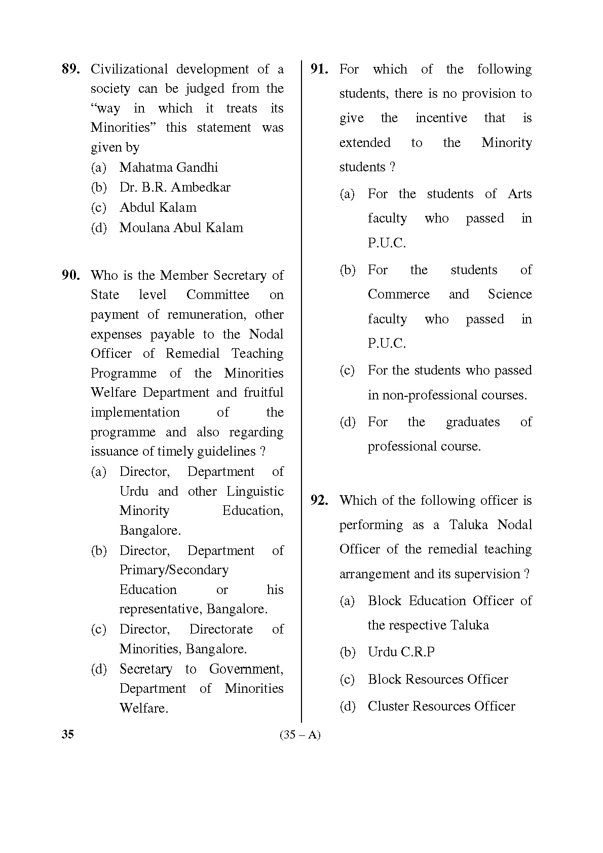 Karnataka PSC Kannada Teacher Exam Sample Question Paper Subject code 35 35