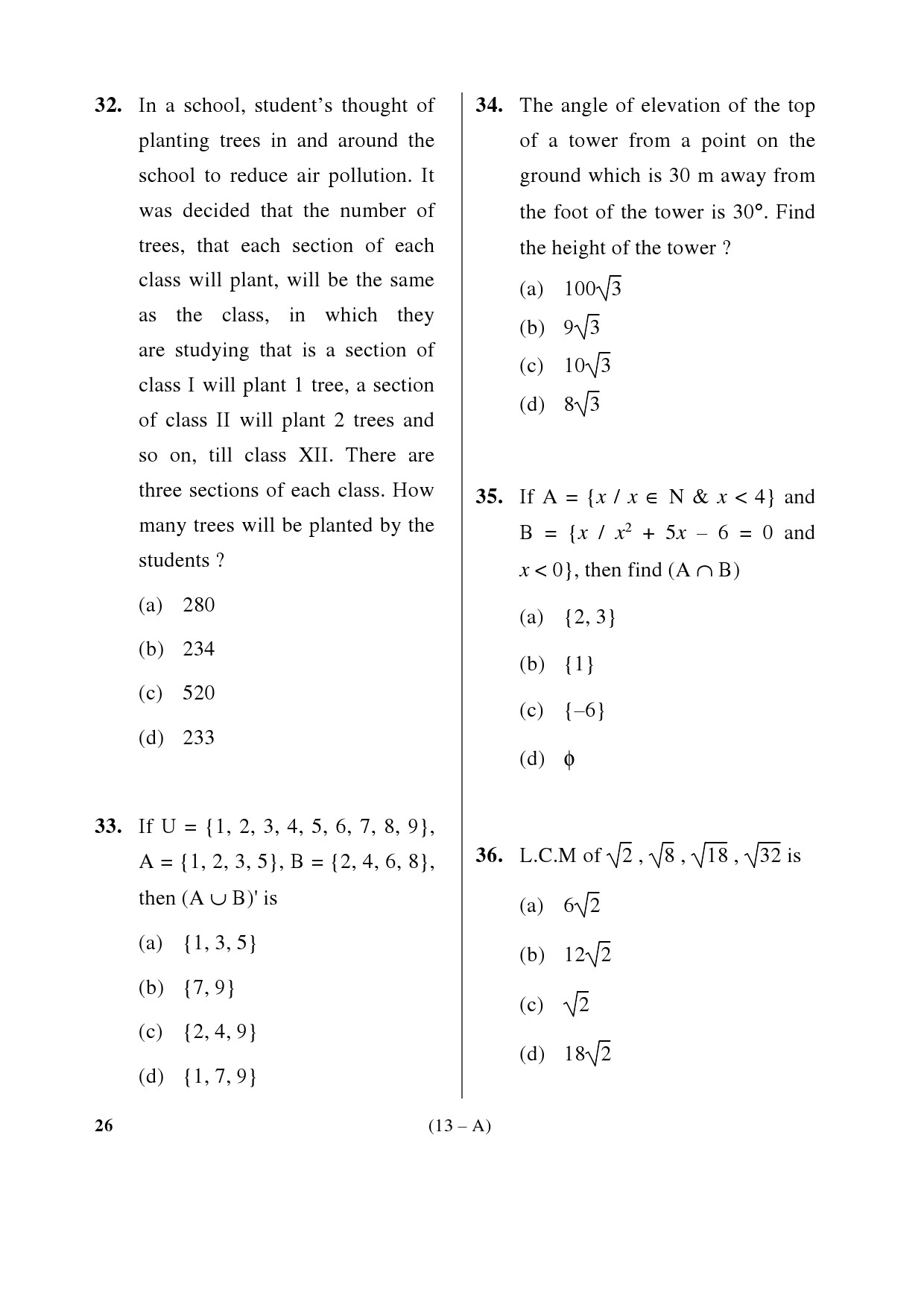 Karnataka PSC Mathematics Teacher Exam Sample Question Paper Subject code 26 13