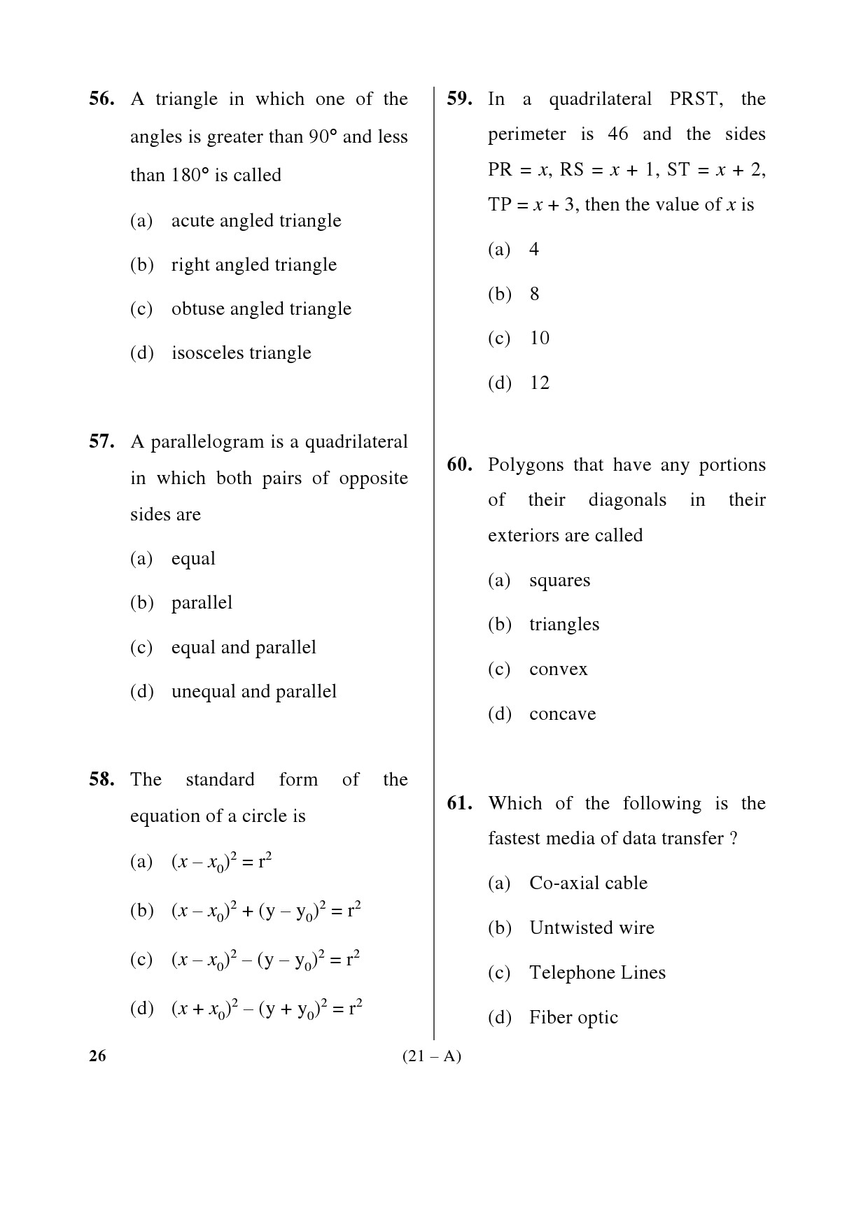 Karnataka PSC Mathematics Teacher Exam Sample Question Paper Subject code 26 21