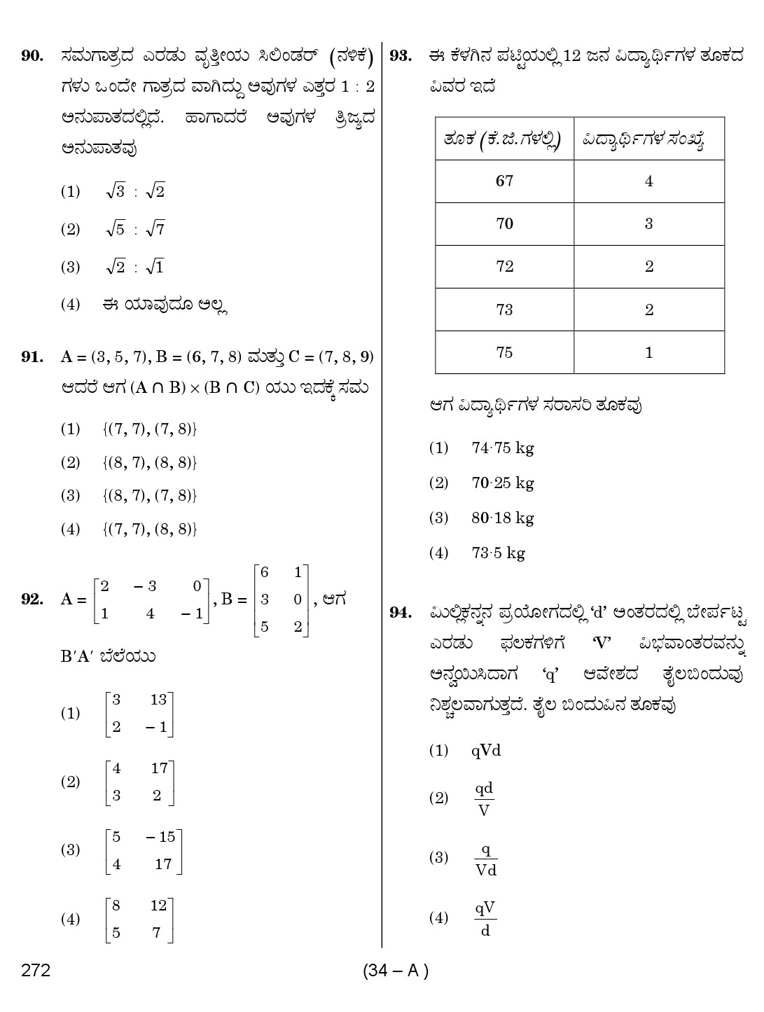 Karnataka PSC Mathematics Teacher Exam Sample Question Paper Subject code 272 34
