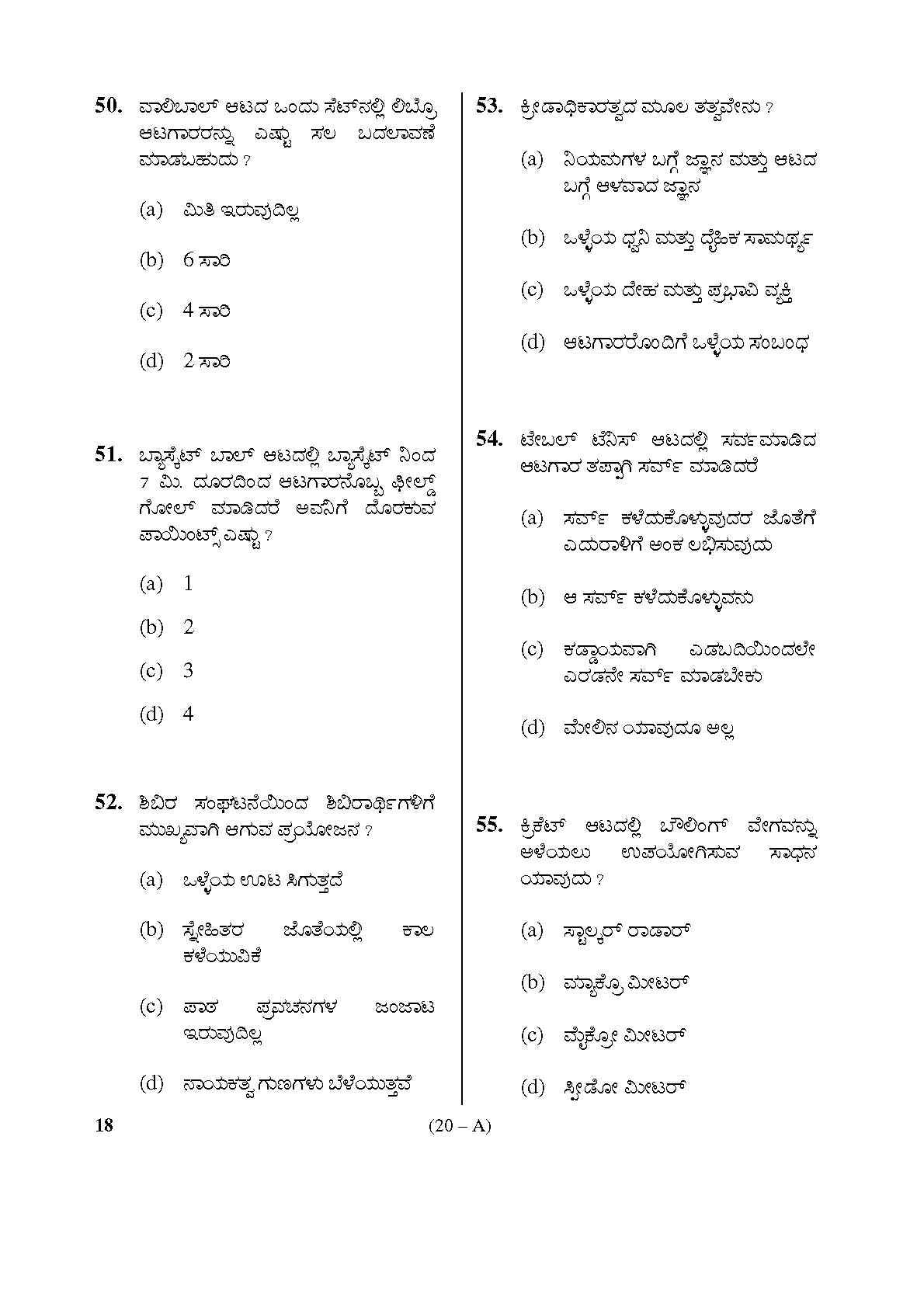 Karnataka PSC Physical Education Teacher Exam Sample Question Paper Subject code 18 20