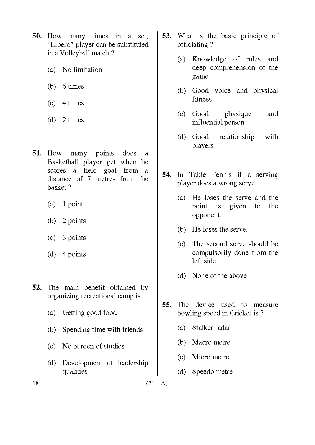 Karnataka PSC Physical Education Teacher Exam Sample Question Paper Subject code 18 21