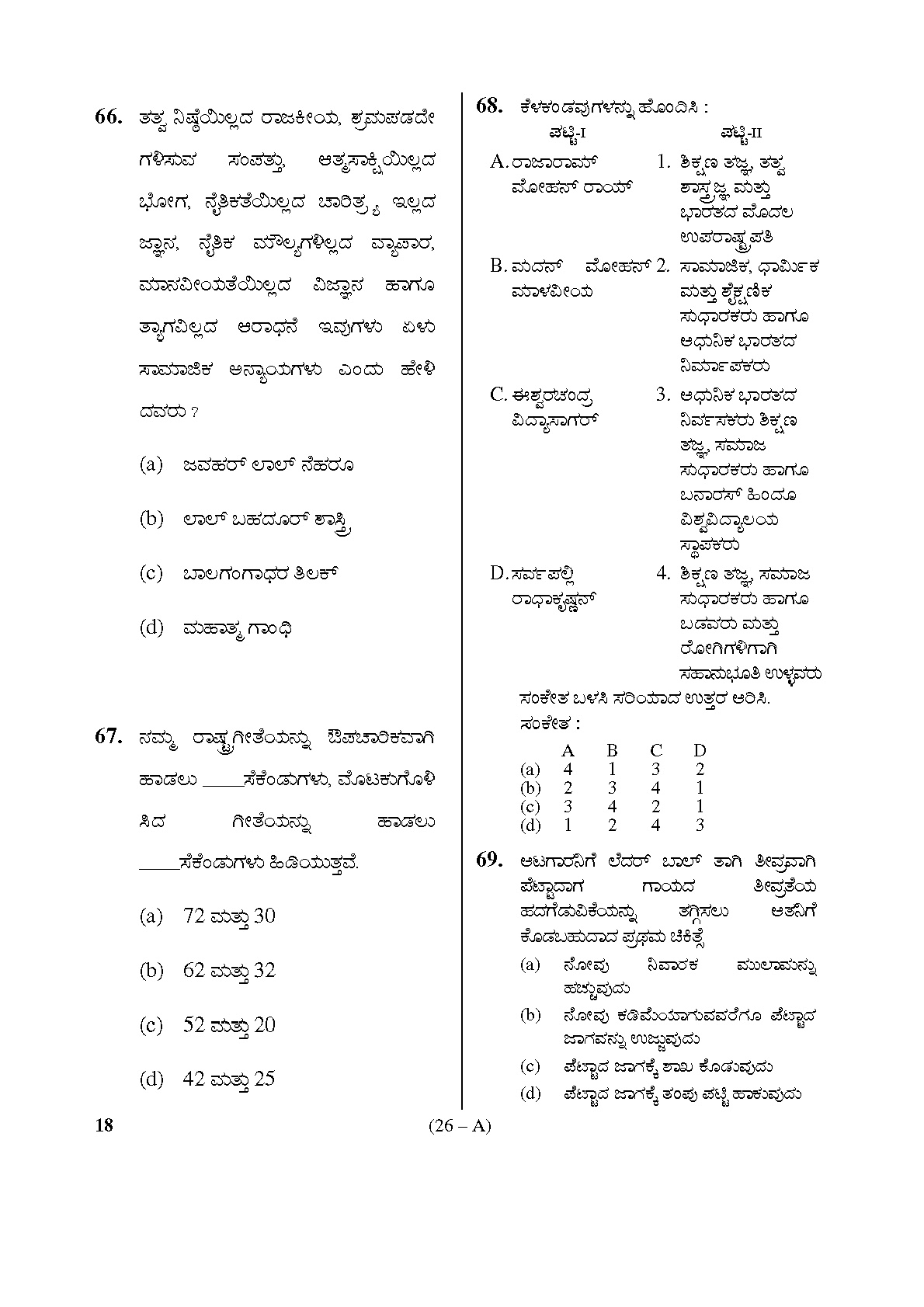 Karnataka PSC Physical Education Teacher Exam Sample Question Paper Subject code 18 26