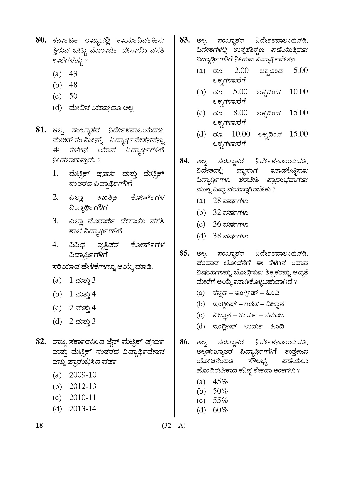 Karnataka PSC Physical Education Teacher Exam Sample Question Paper Subject code 18 32