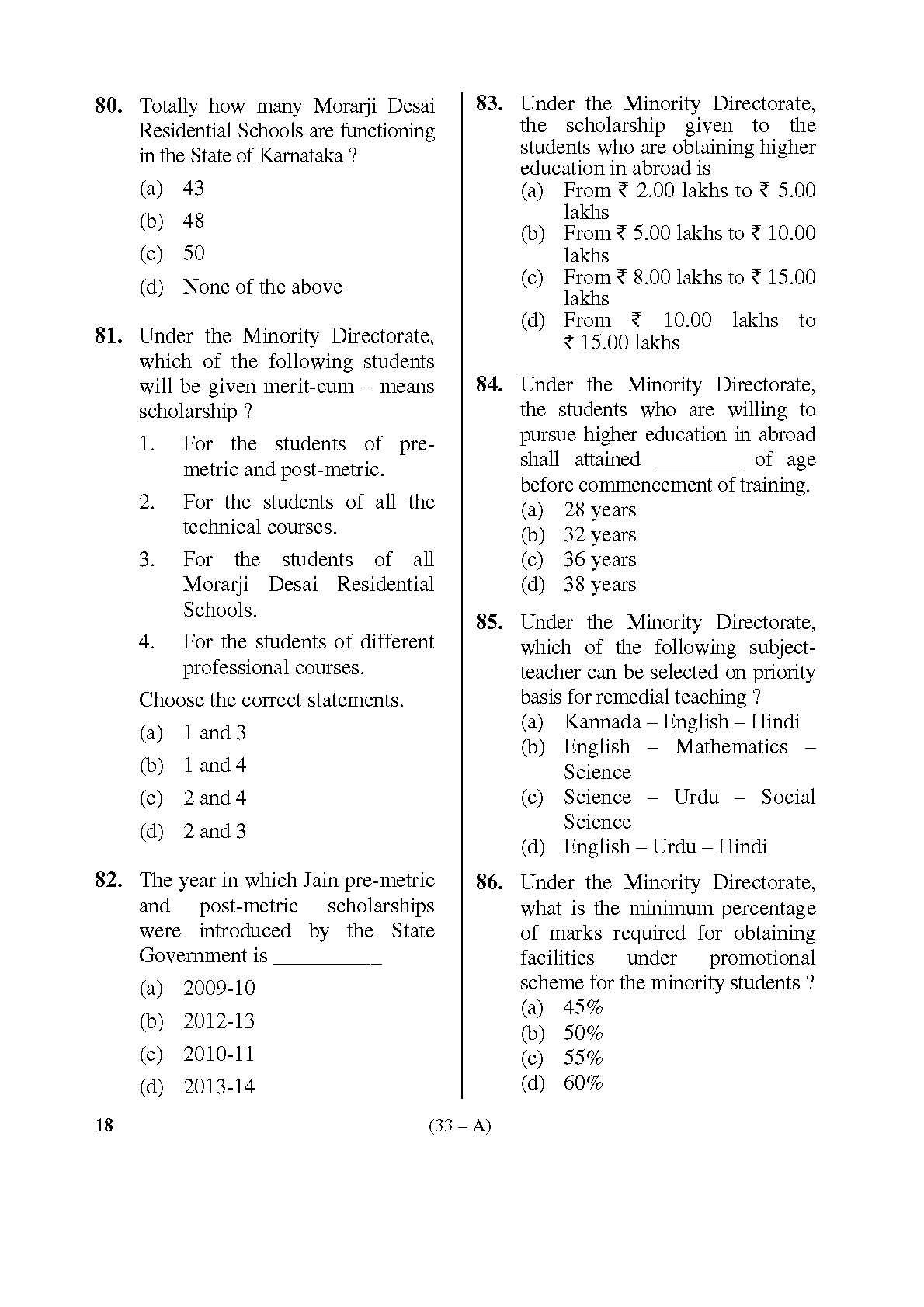 Karnataka PSC Physical Education Teacher Exam Sample Question Paper Subject code 18 33