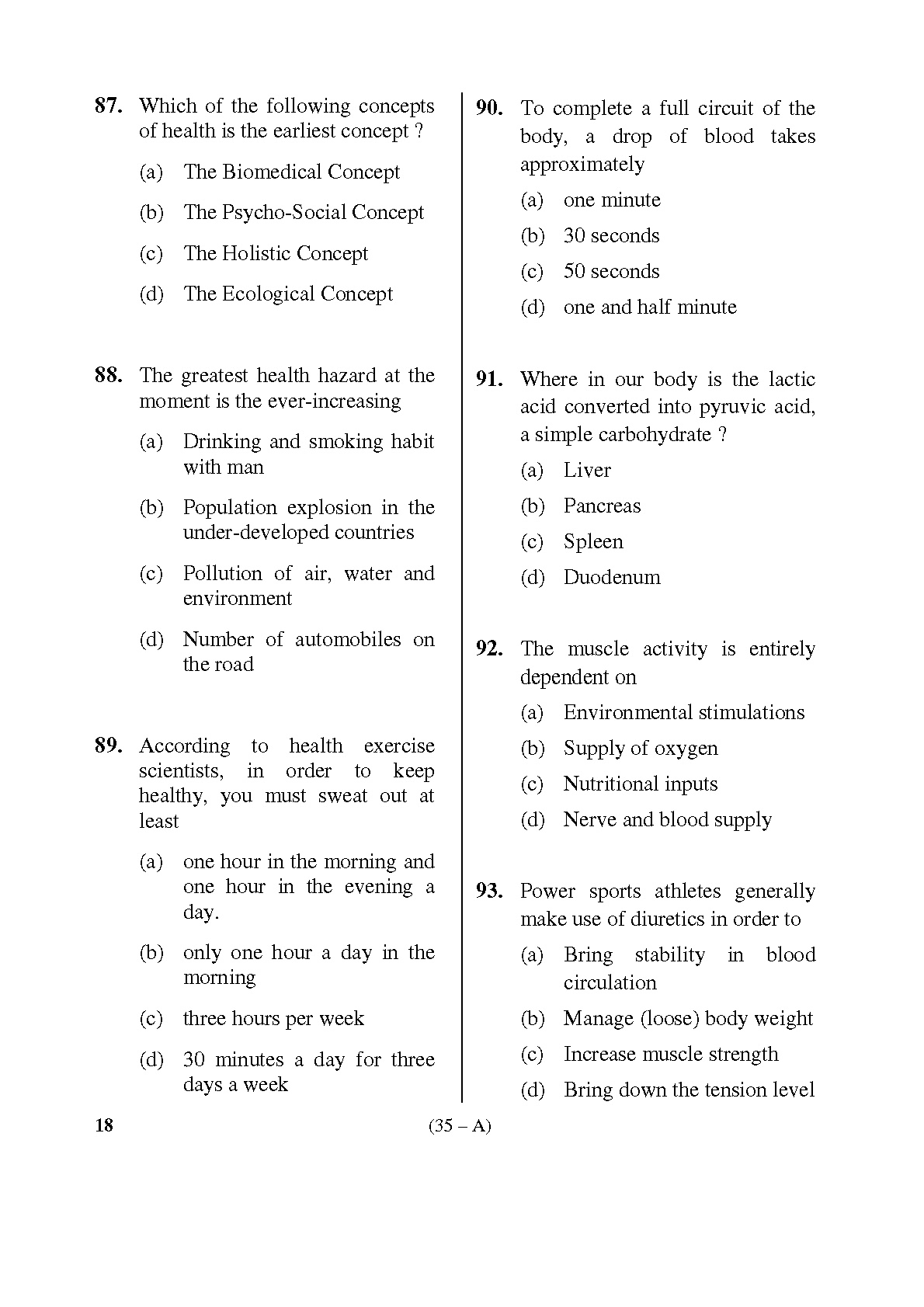 Karnataka PSC Physical Education Teacher Exam Sample Question Paper Subject code 18 35