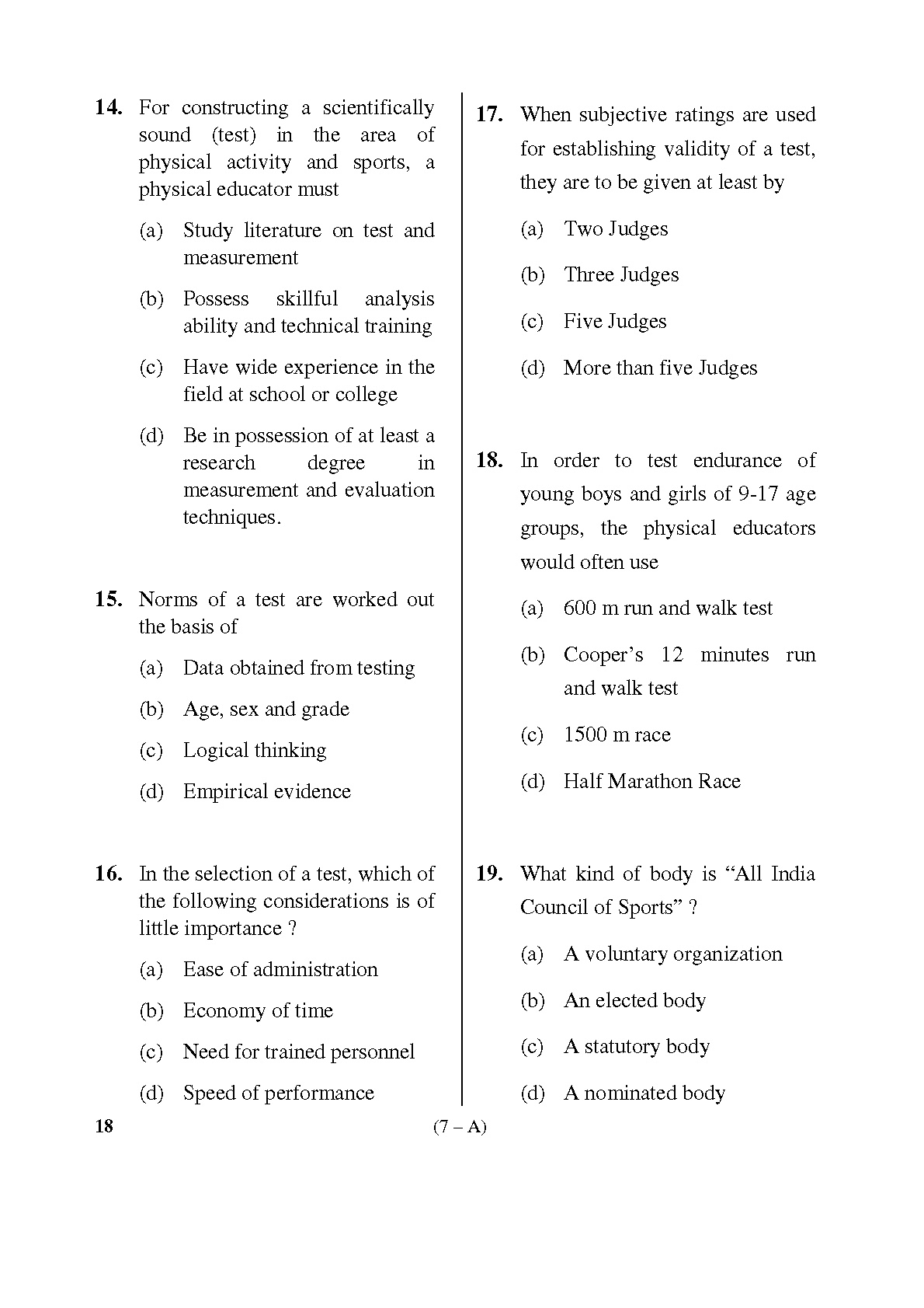 Karnataka PSC Physical Education Teacher Exam Sample Question Paper Subject code 18 7