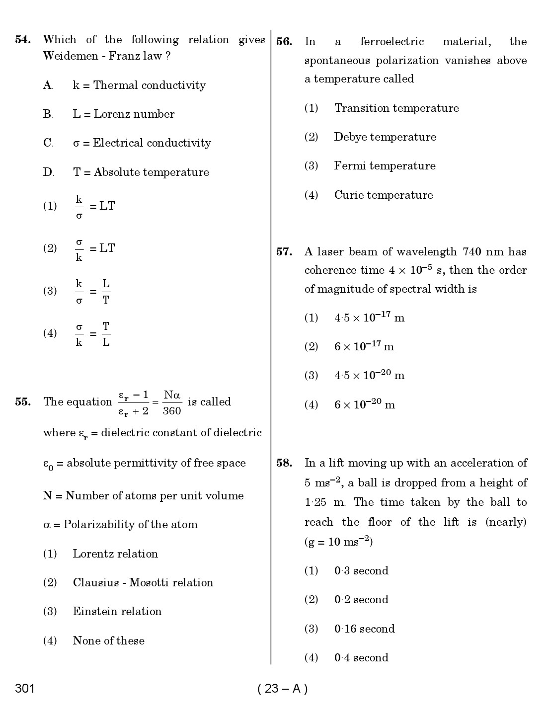 Karnataka PSC Physics Teacher Exam Sample Question Paper 2018 23